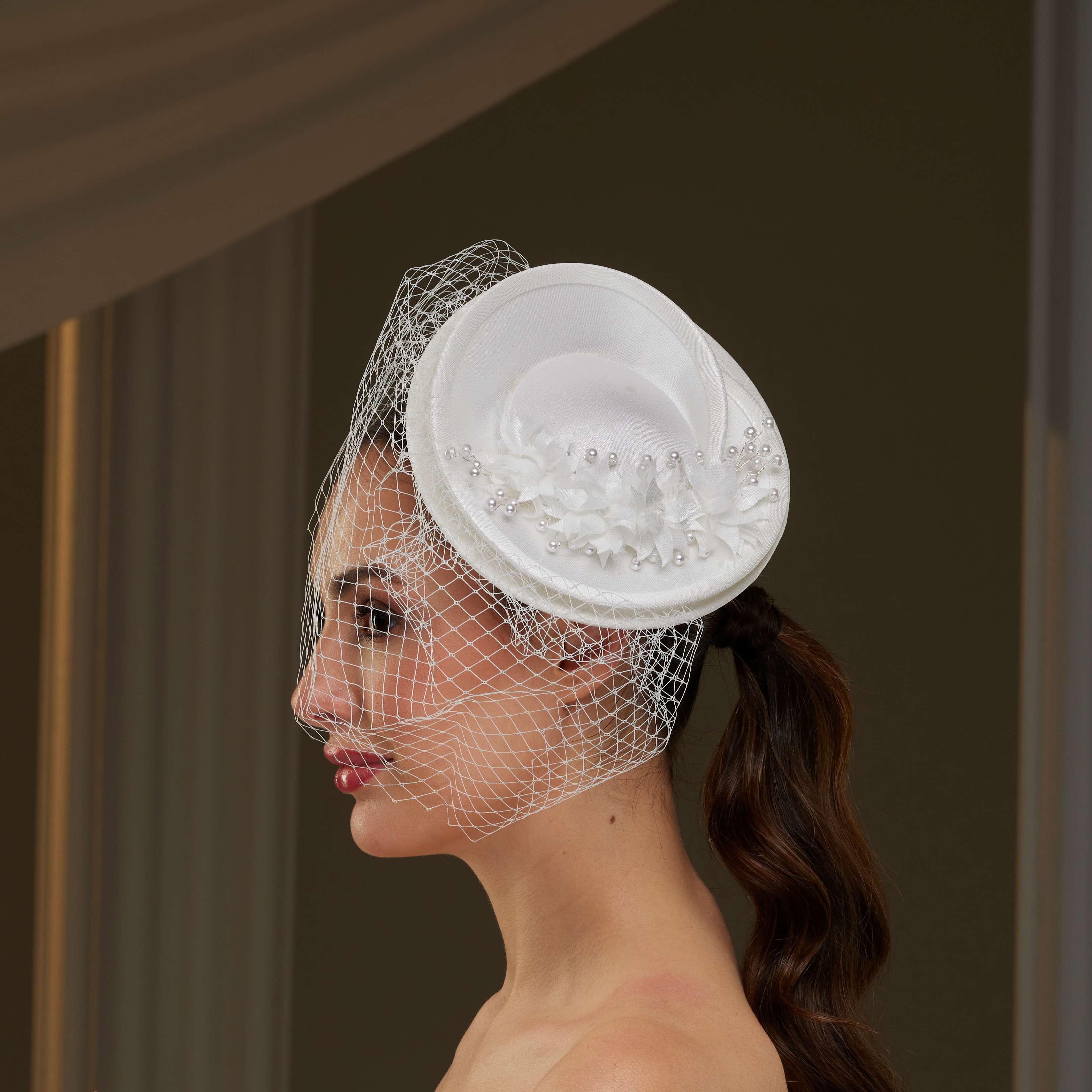 Bridal Fascinator with Floral Accents, Pearls Birdcage Veil