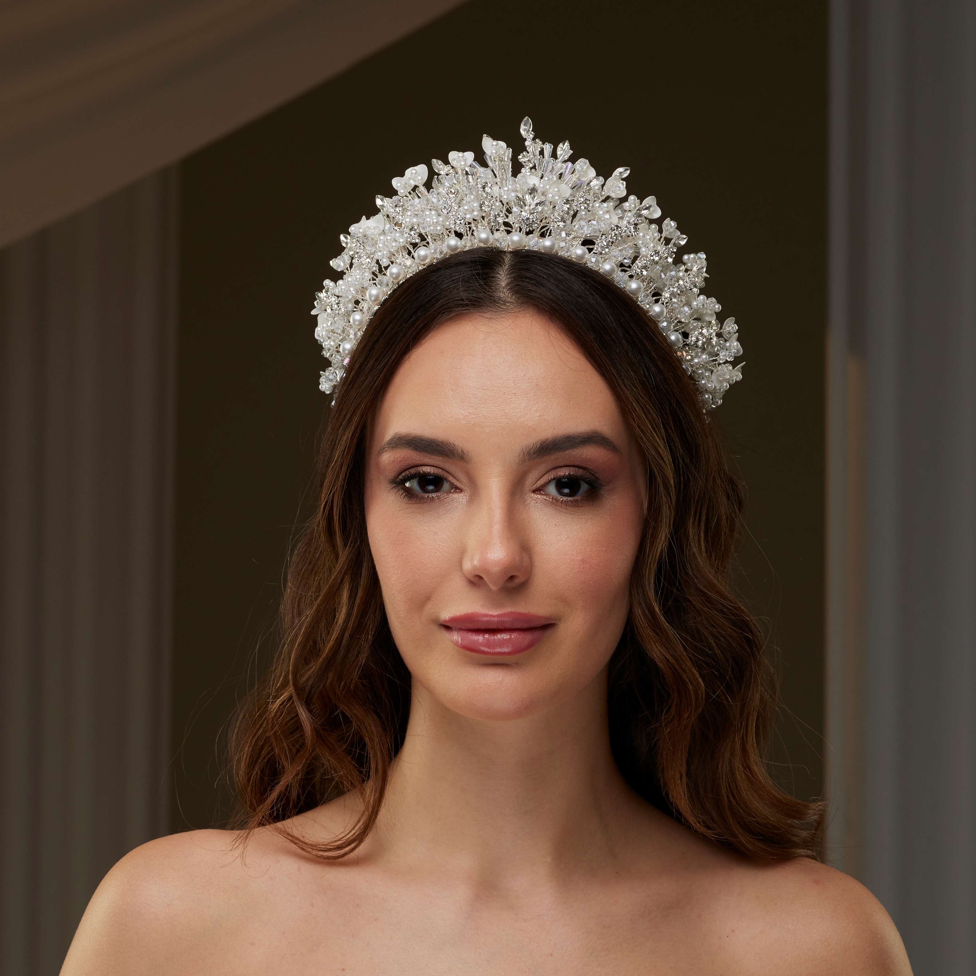 Bridal Tiara with Crystals, Rhinestones & Pearls