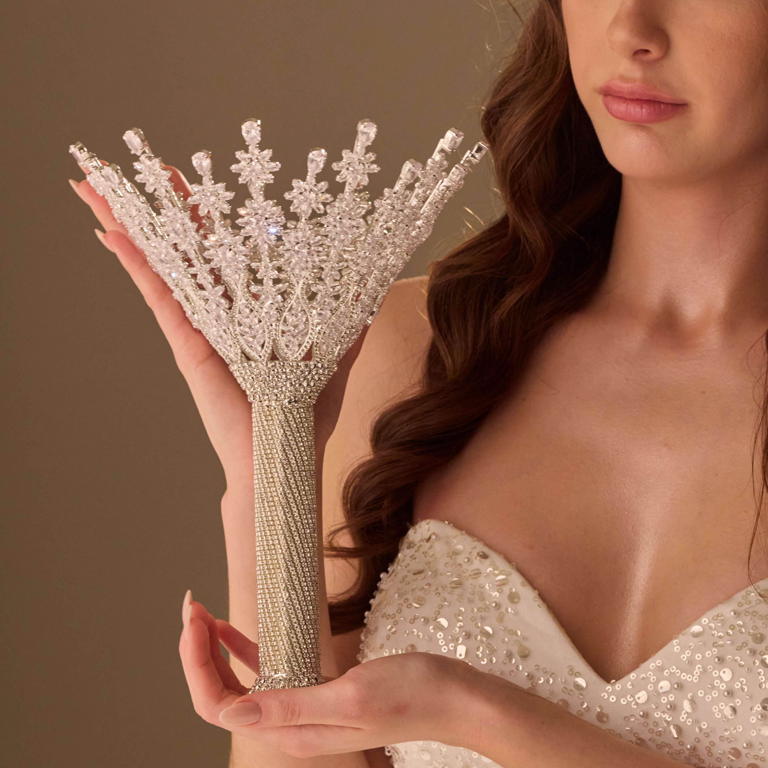 Luxury Silver Quinceañera & Wedding Bouquet Holder – Handcrafted with Crystal Stones & Beads