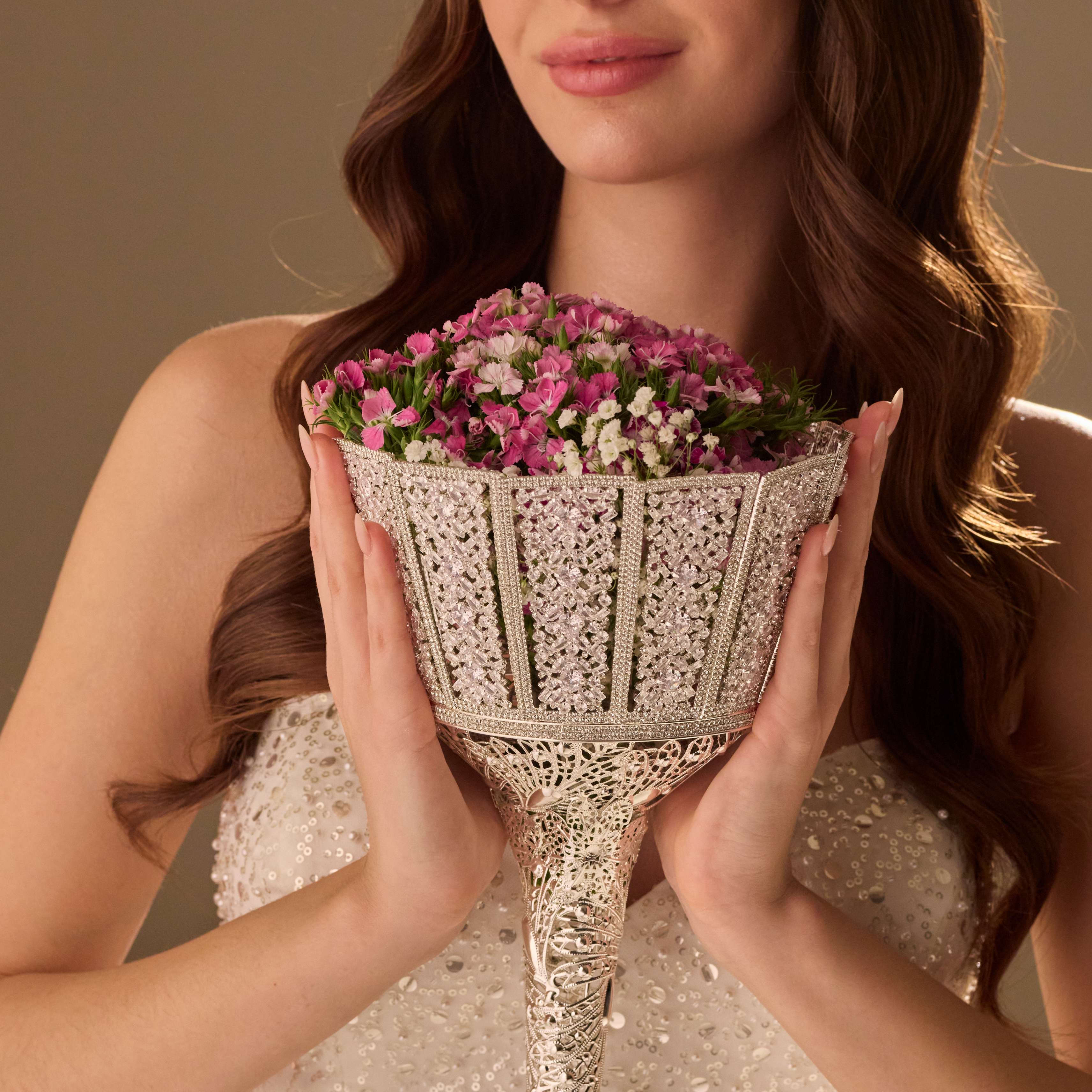 Silver Quinceañera & Wedding Bouquet Holder – Handcrafted with Carved Flowers & Crystal Stones