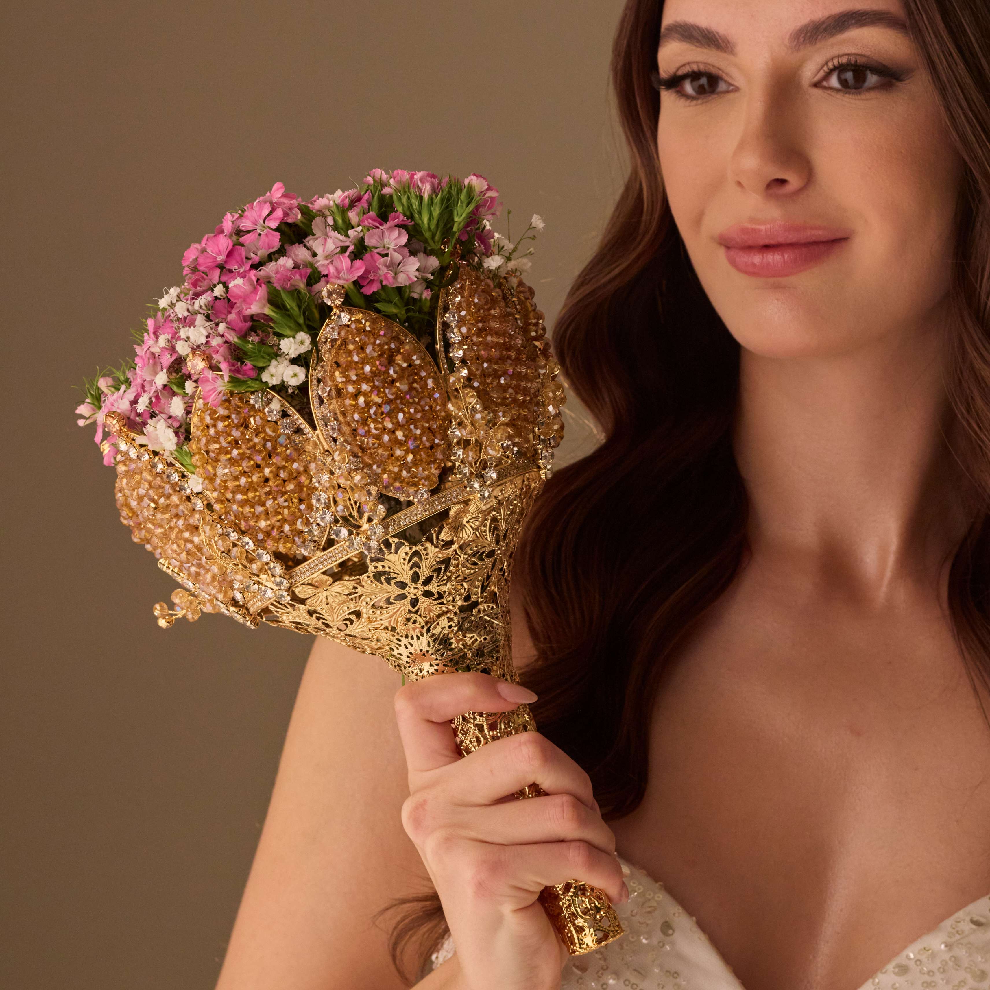 Gold Quinceañera & Wedding Bouquet Holder – Handcrafted with Gold Carved Flowers & Crystal Stones