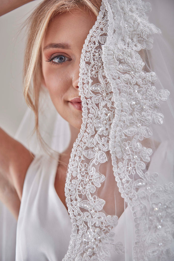 Two tier bridal veil with lace trim, Embroider veil, Wedding veil, Floral Veil, Wedding Hair Accessories-D101