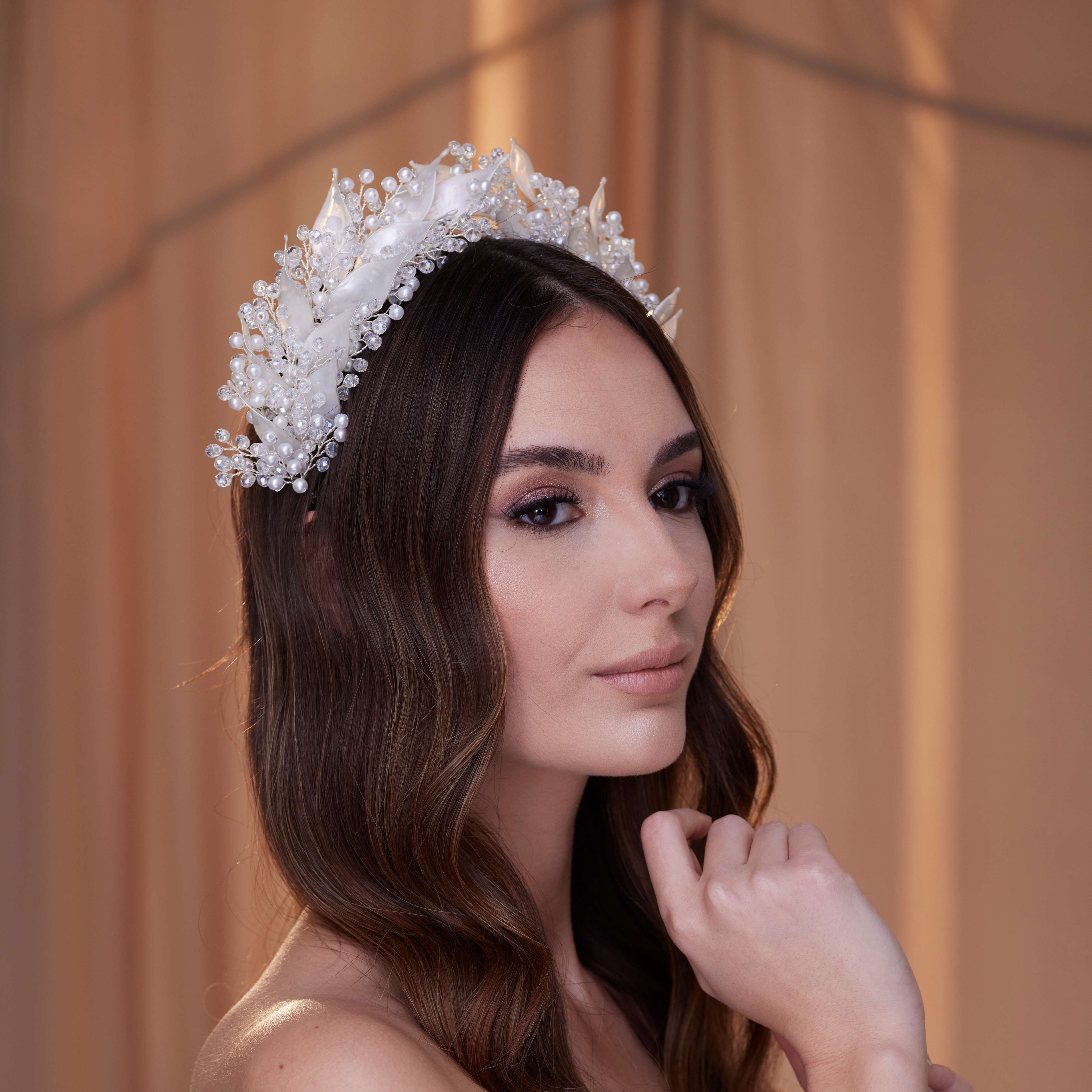 Crystal Pearl  Hair Band with Resin Leaves