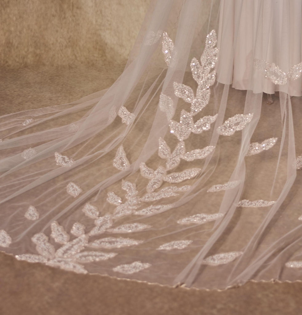 Handcrafted Cathedral-Length Bridal Veil with Intricate Beaded Leaf Design and Crystal Edges