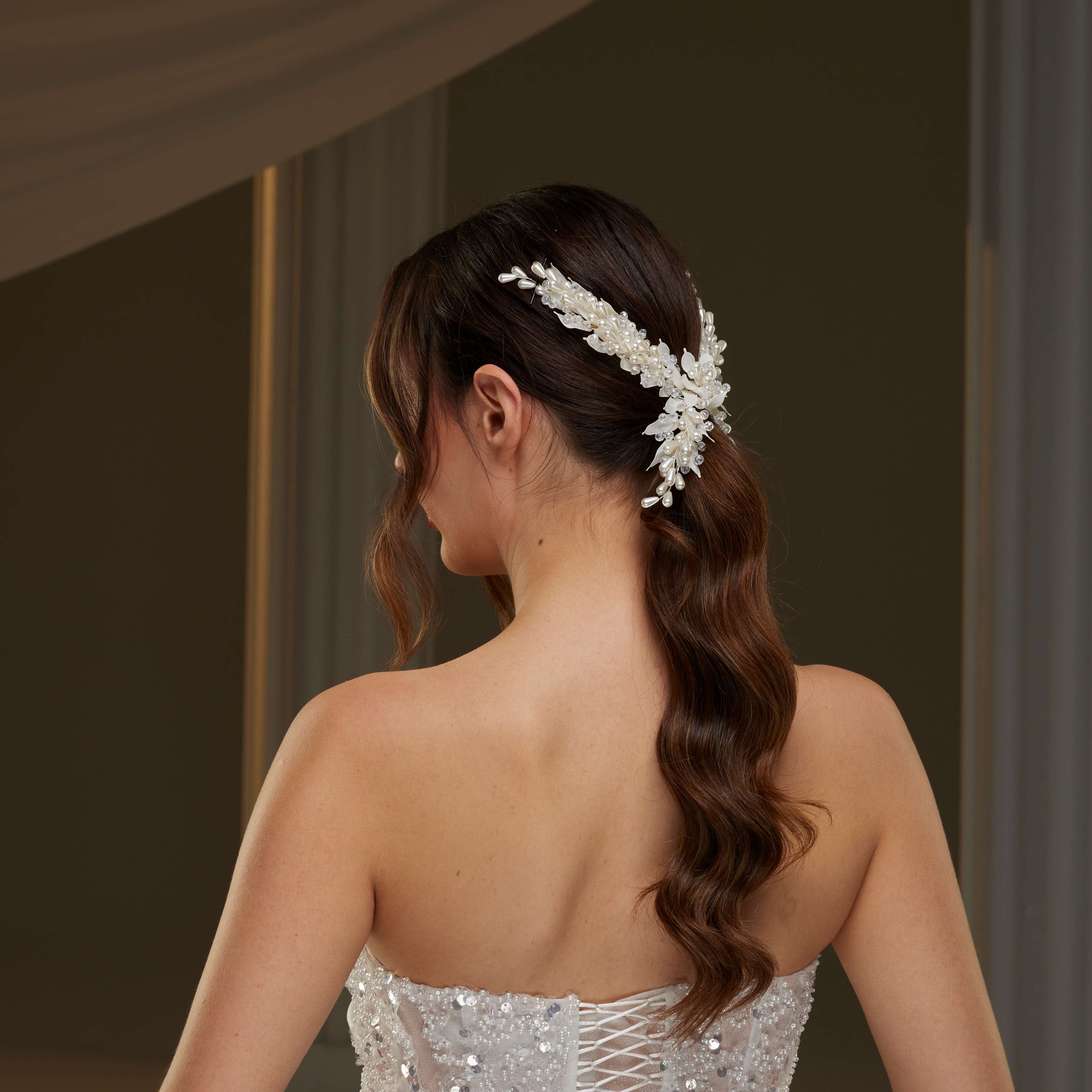 Bridal Hair Vine with Crystal Beads, Pearls, and Leaves