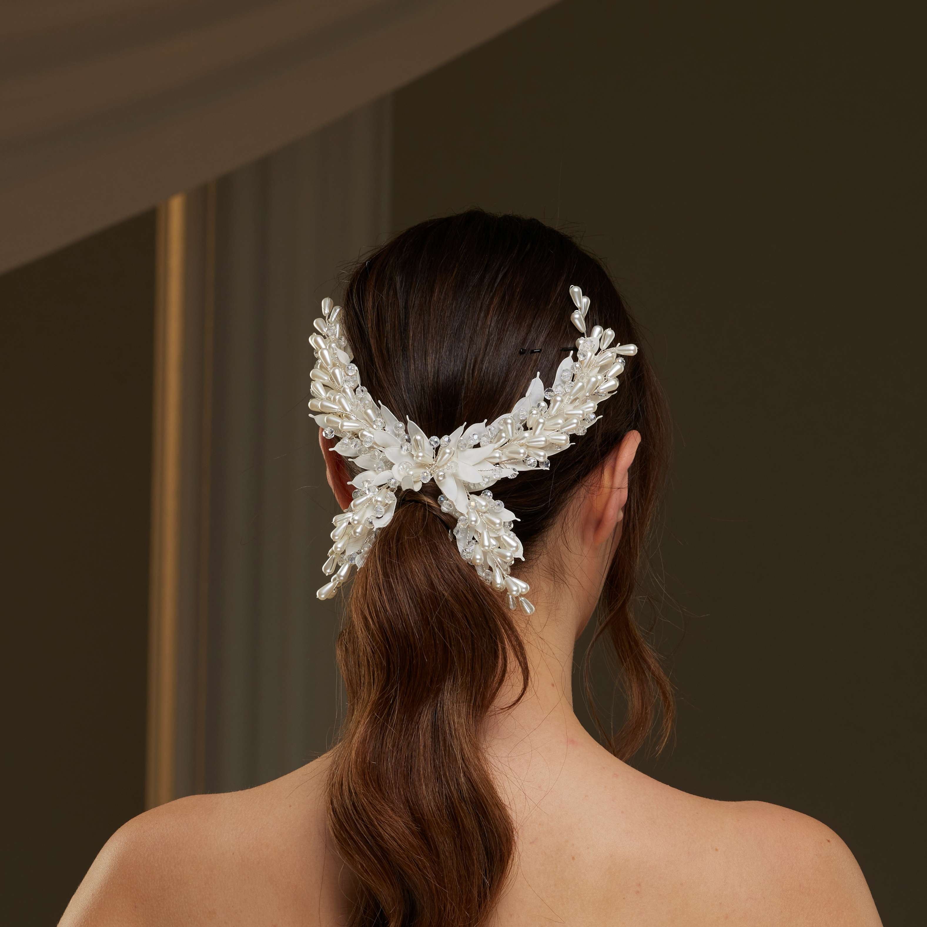 Bridal Hair Vine with Crystal Beads, Pearls, and Leaves