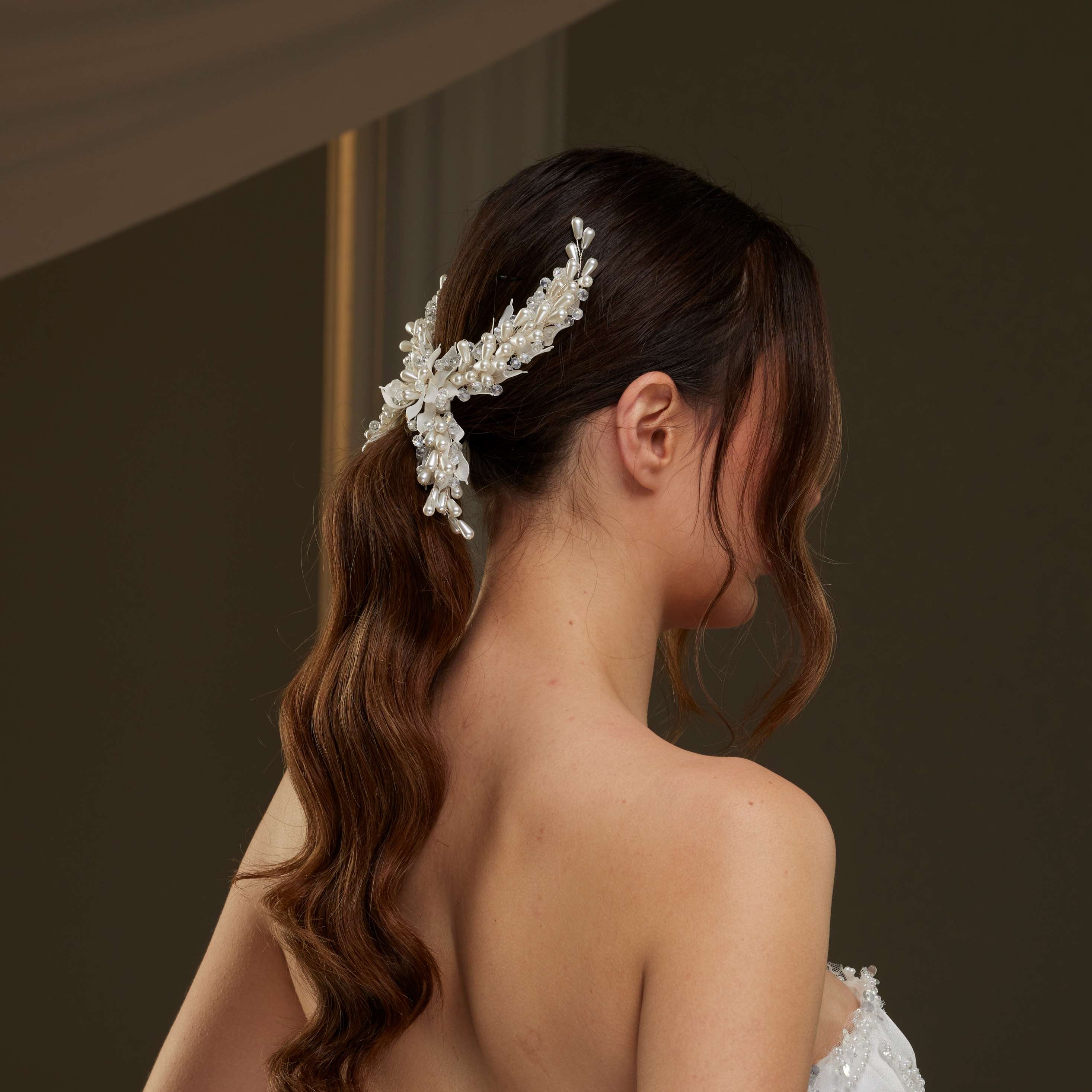 Bridal Hair Vine with Crystal Beads, Pearls, and Leaves