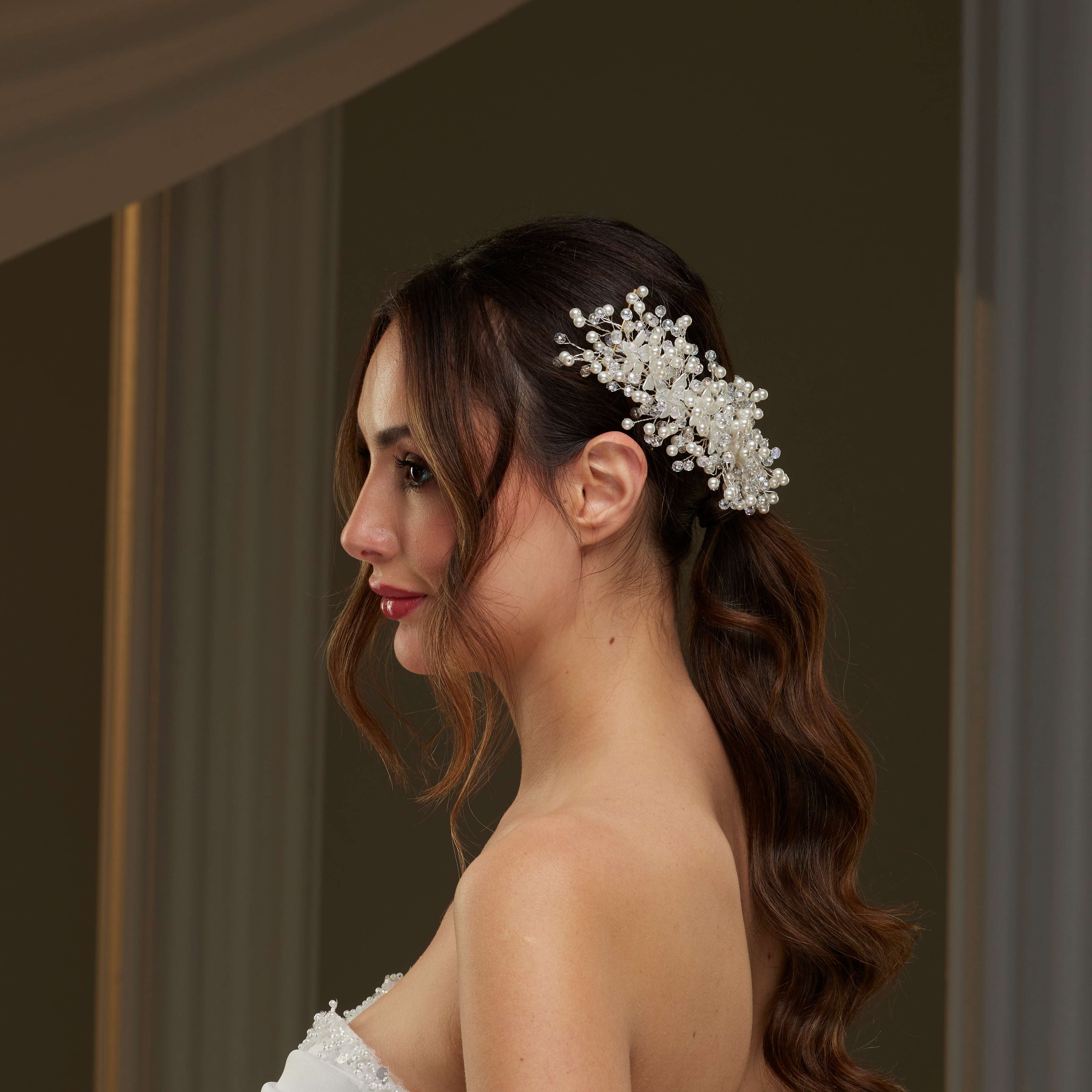 Bridal Hairvine with Crystal Beads, Pearls, and Flowers