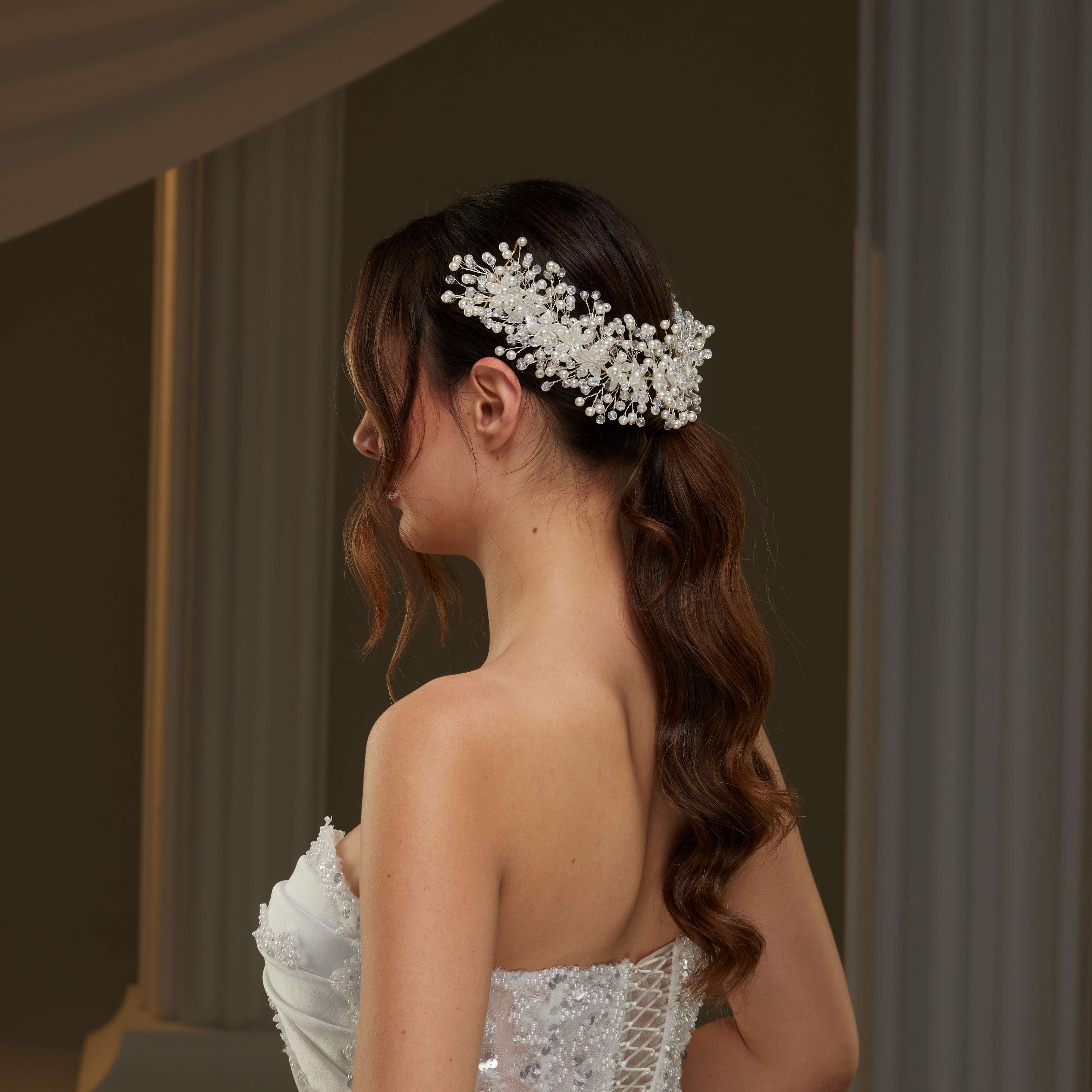 Bridal Hairvine with Crystal Beads, Pearls, and Flowers