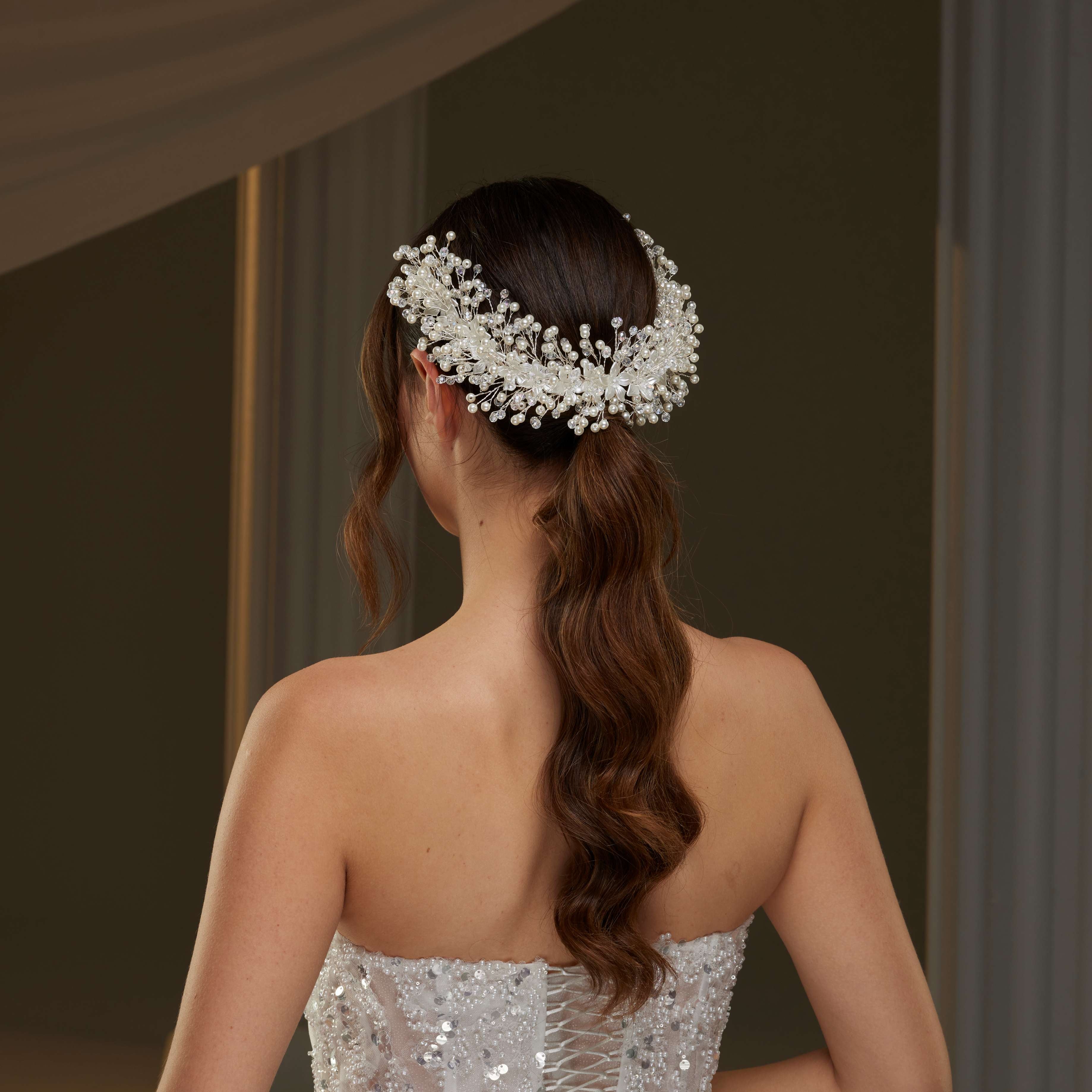 Bridal Hairvine with Crystal Beads, Pearls, and Flowers