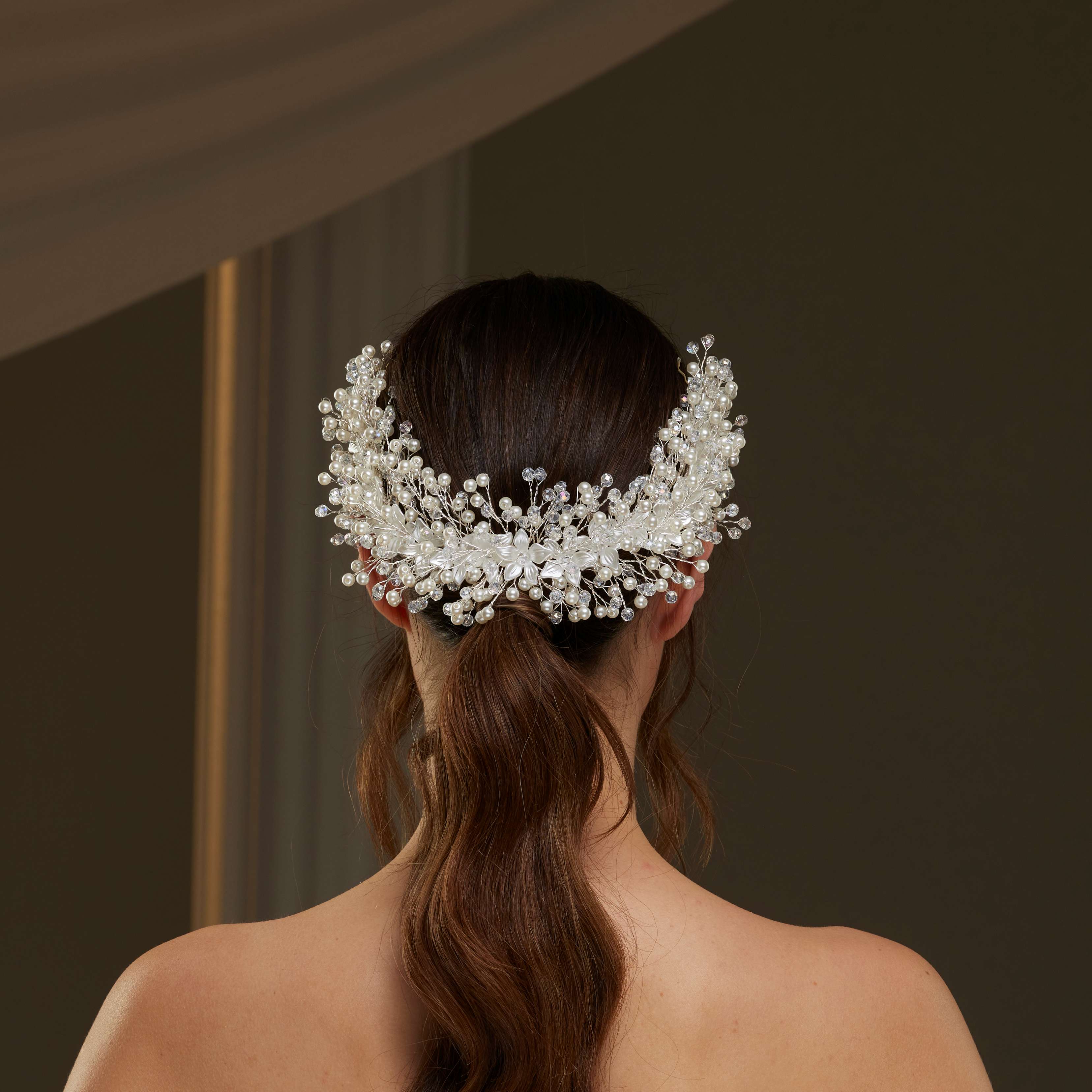 Bridal Hairvine with Crystal Beads, Pearls, and Flowers