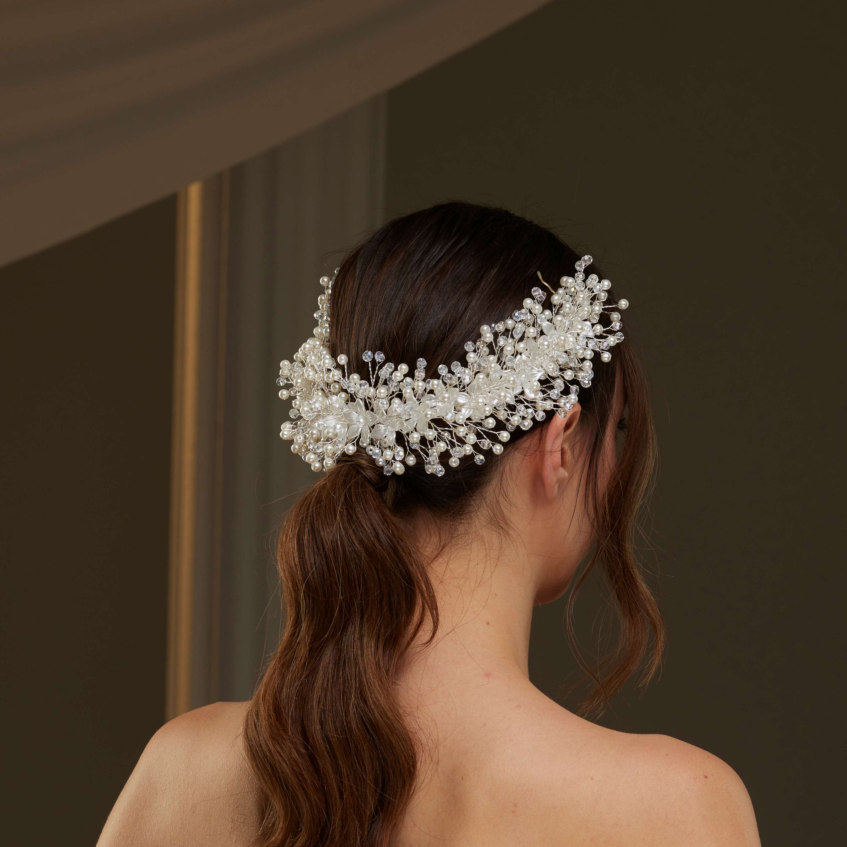 Bridal Hairvine with Crystal Beads, Pearls, and Flowers