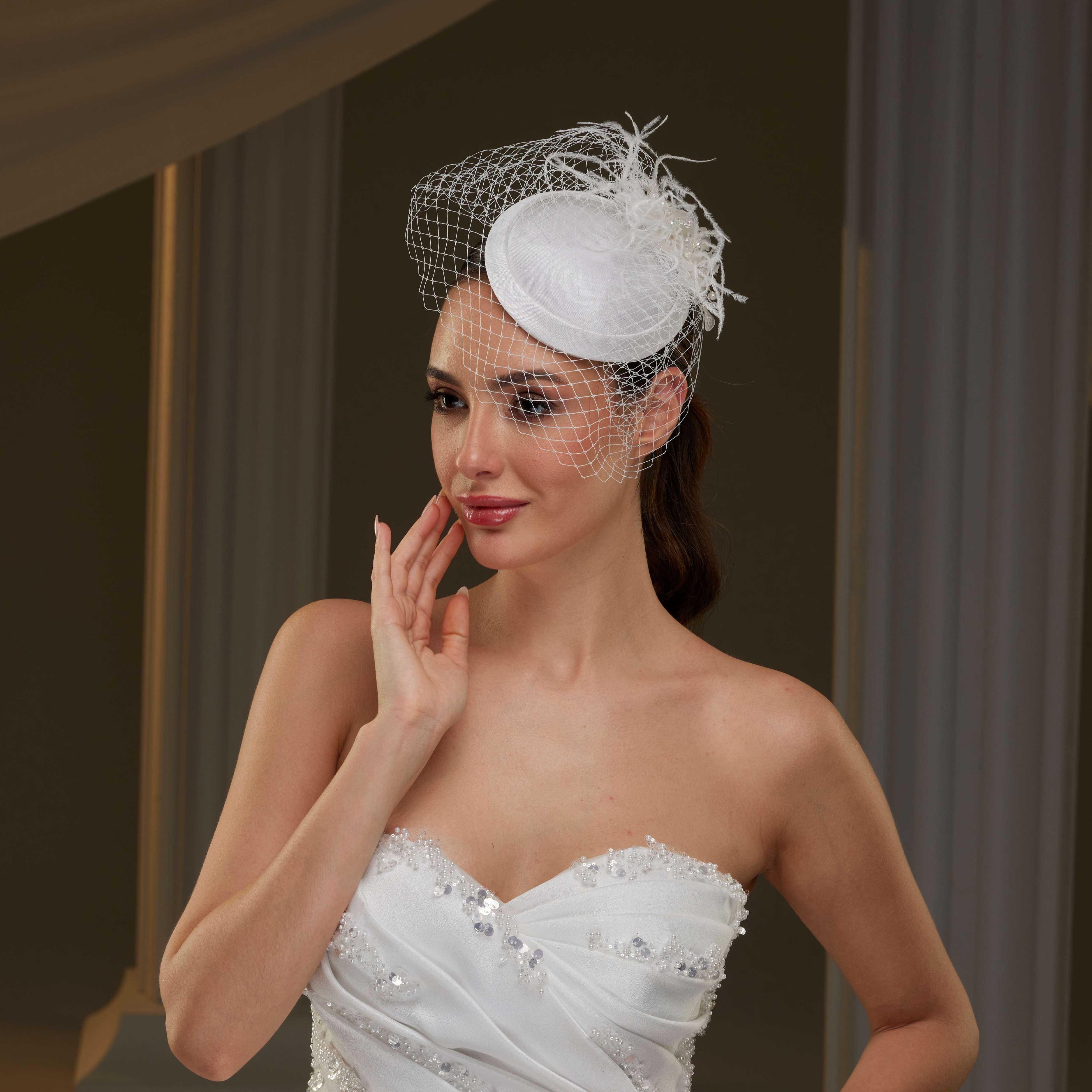 Bridal Fascinator with Blusher Veil and Feathers