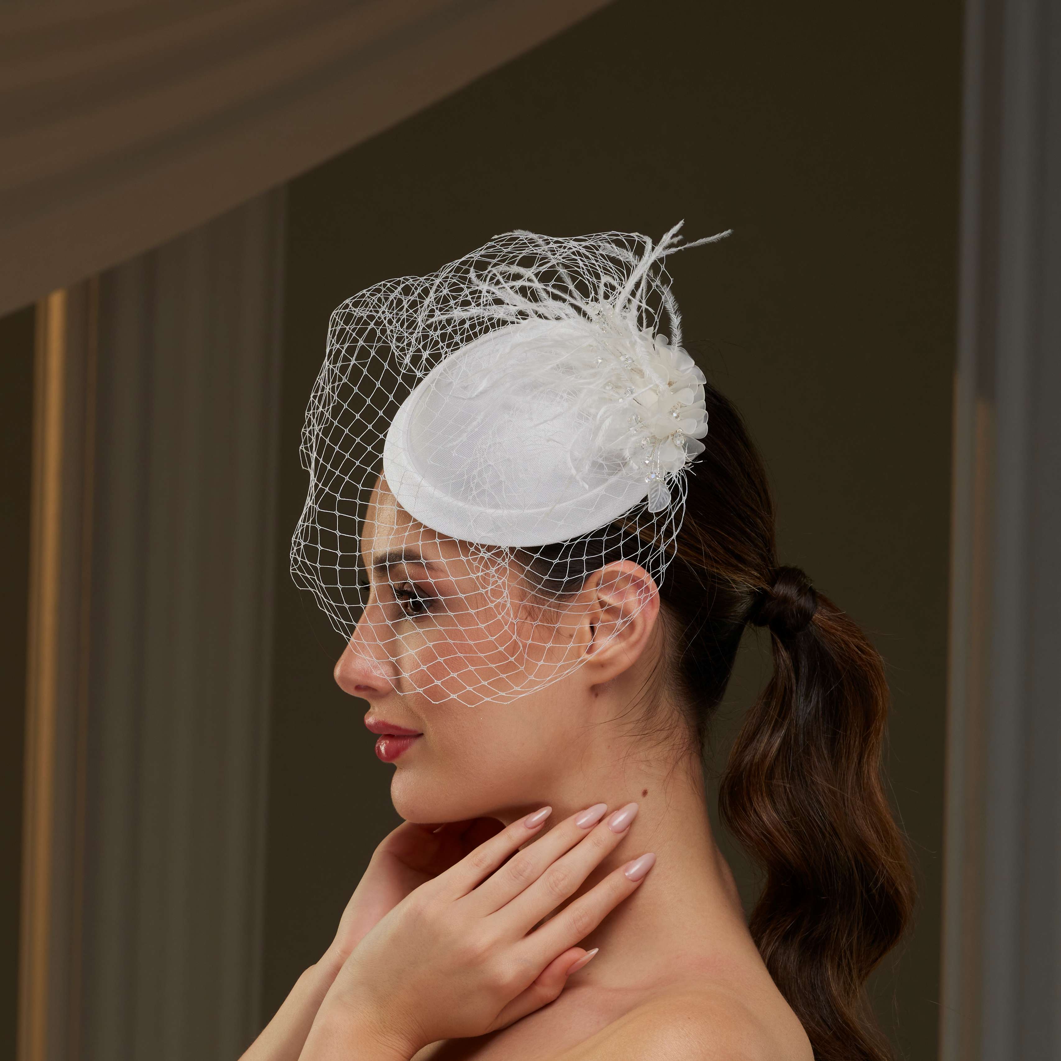 Bridal Fascinator with Blusher Veil and Feathers