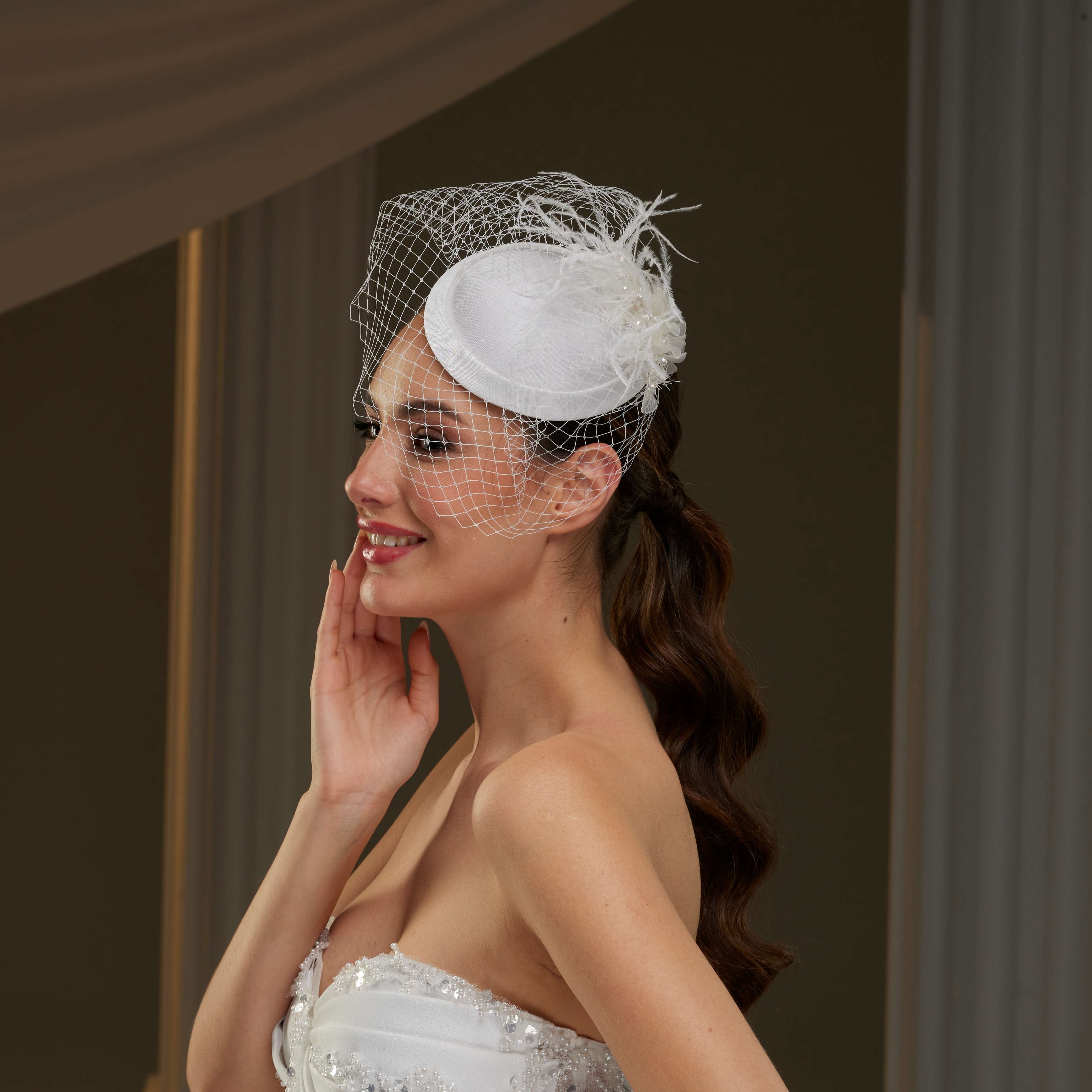 Bridal Fascinator with Blusher Veil and Feathers