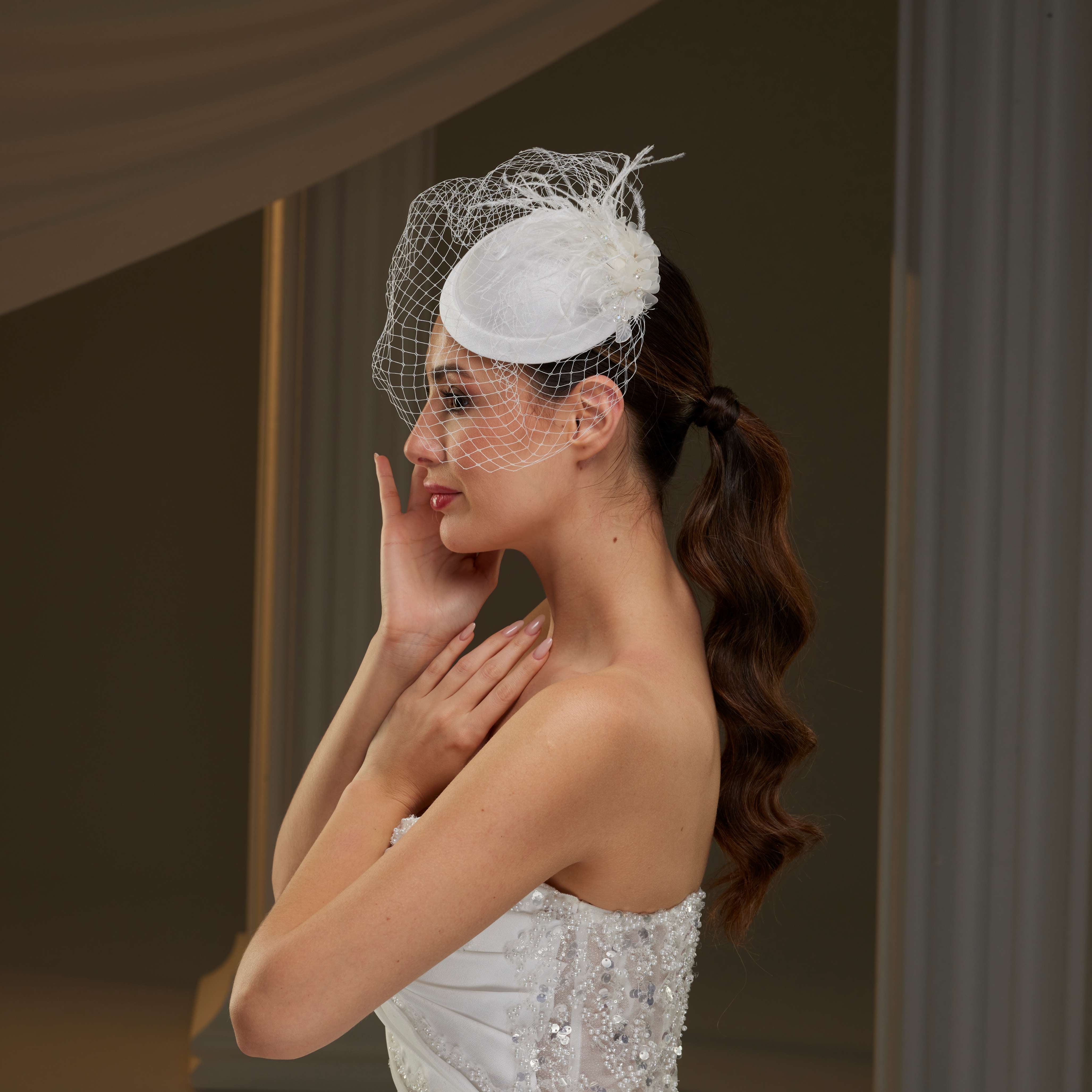 Bridal Fascinator with Blusher Veil and Feathers