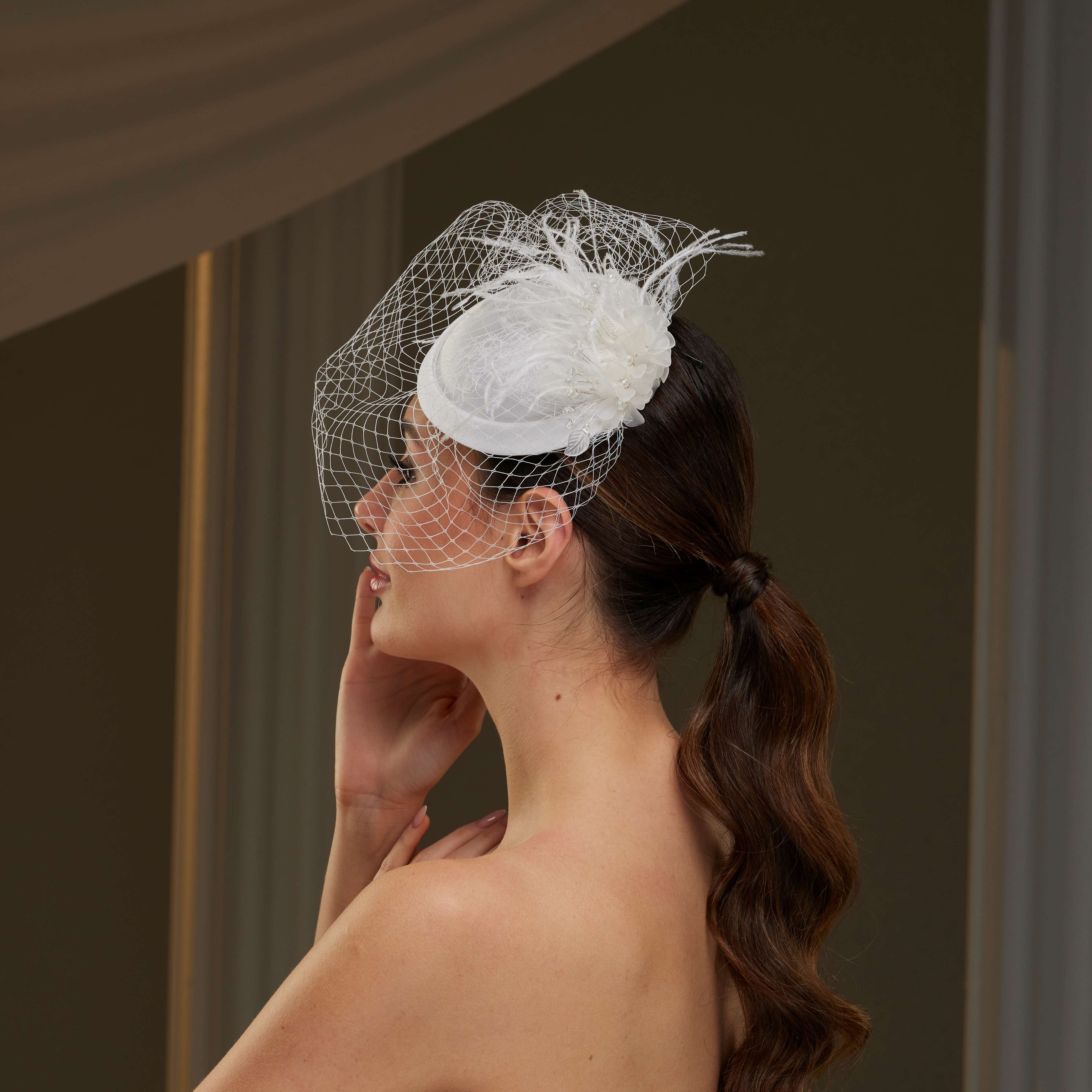 Bridal Fascinator with Blusher Veil and Feathers