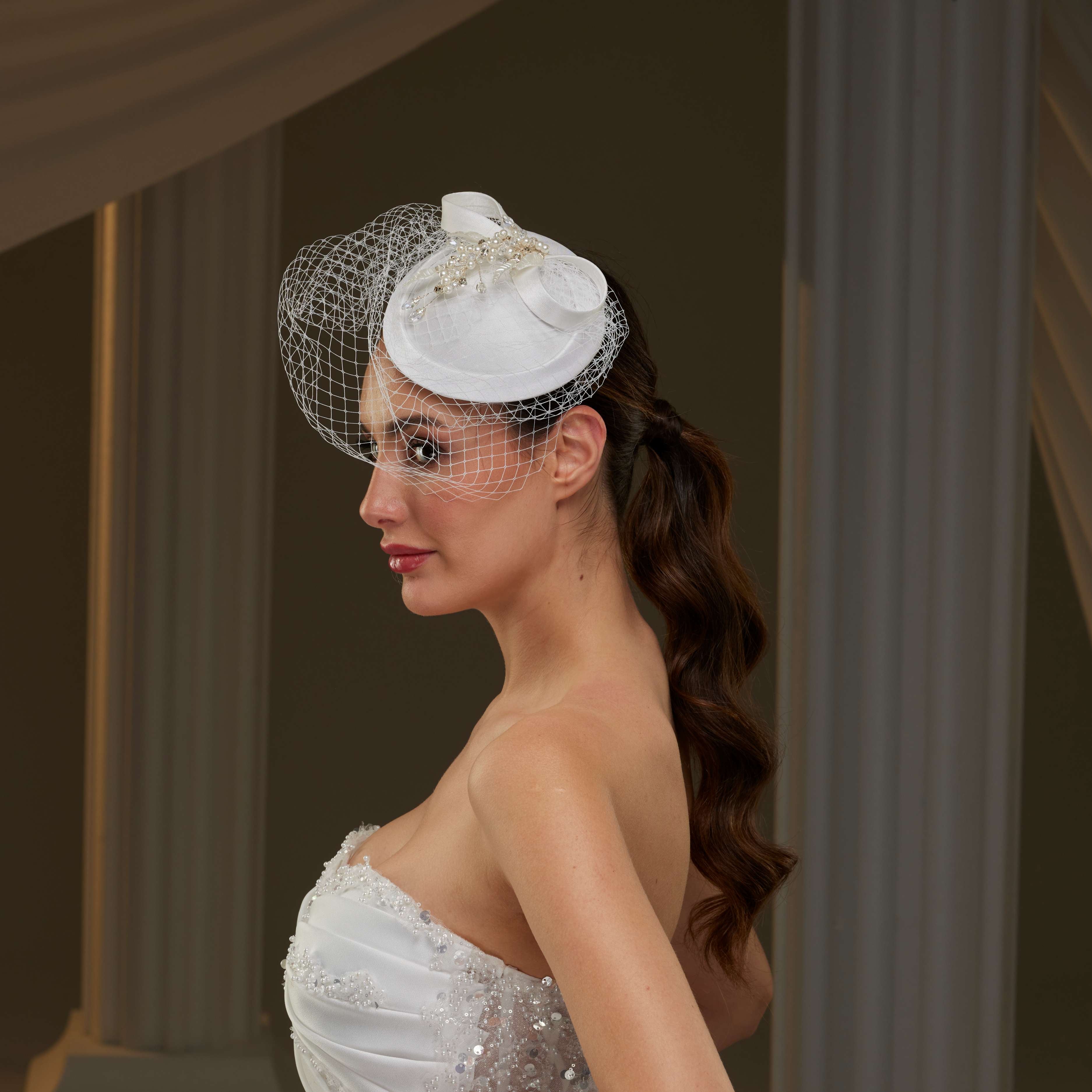 Handmade Bridal Fascinator with Pearls, Leaves