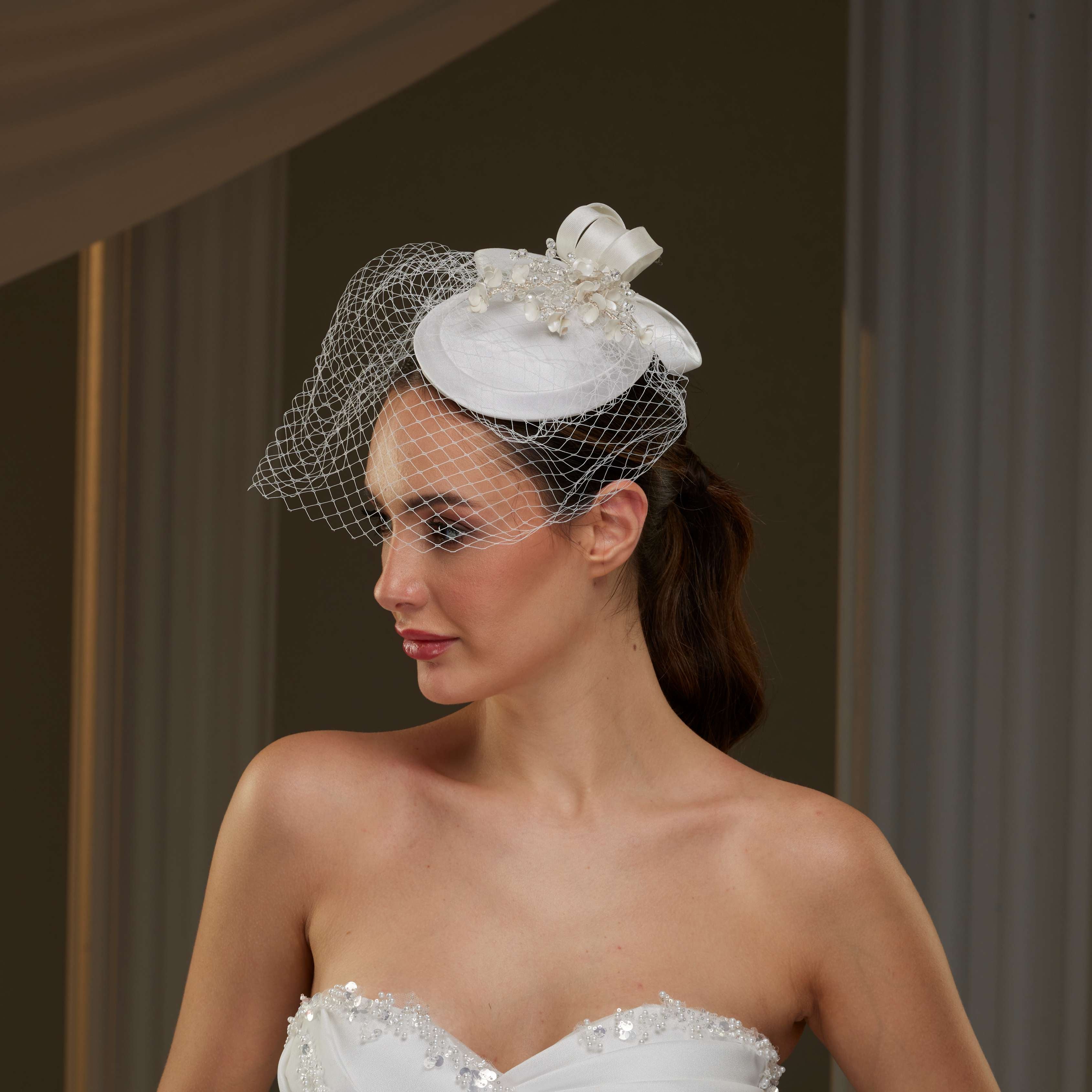 Handcrafted Bridal Fascinator with Ribbon Accents, Pearls & Birdcage Veil