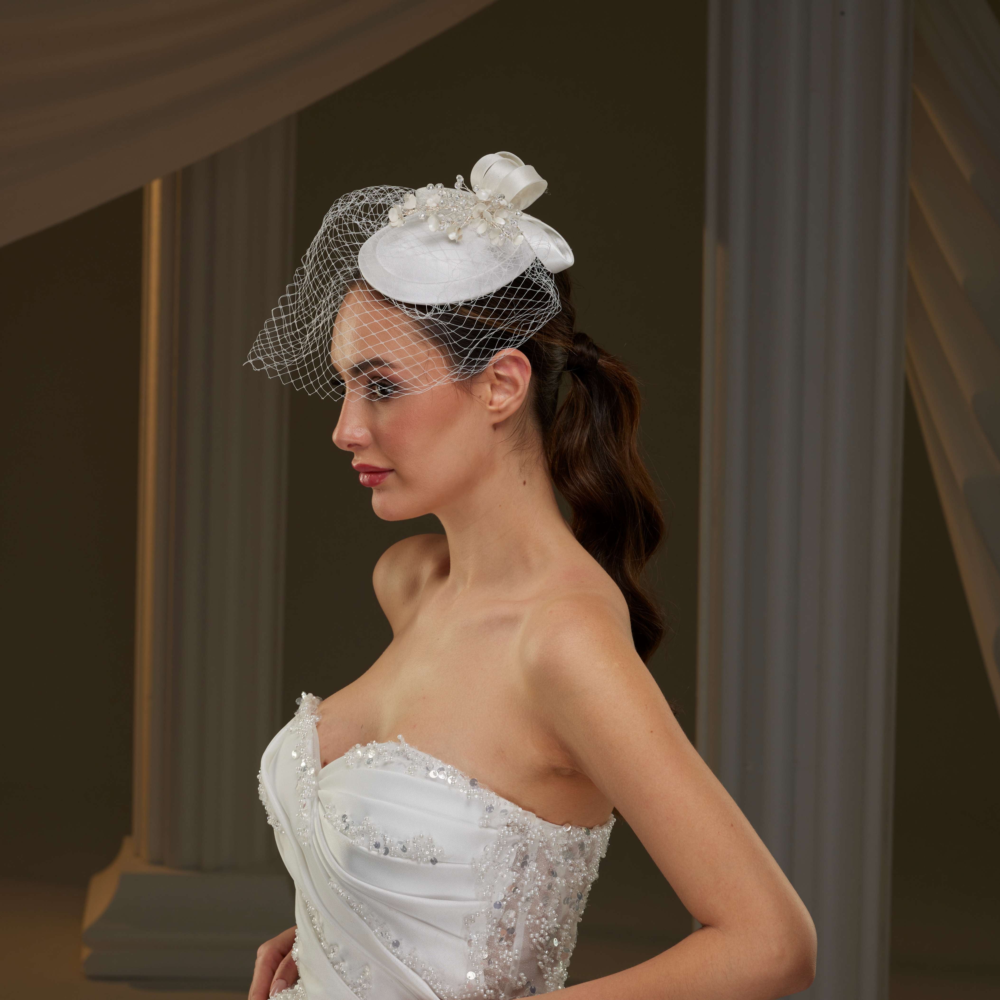 Handcrafted Bridal Fascinator with Ribbon Accents, Pearls & Birdcage Veil