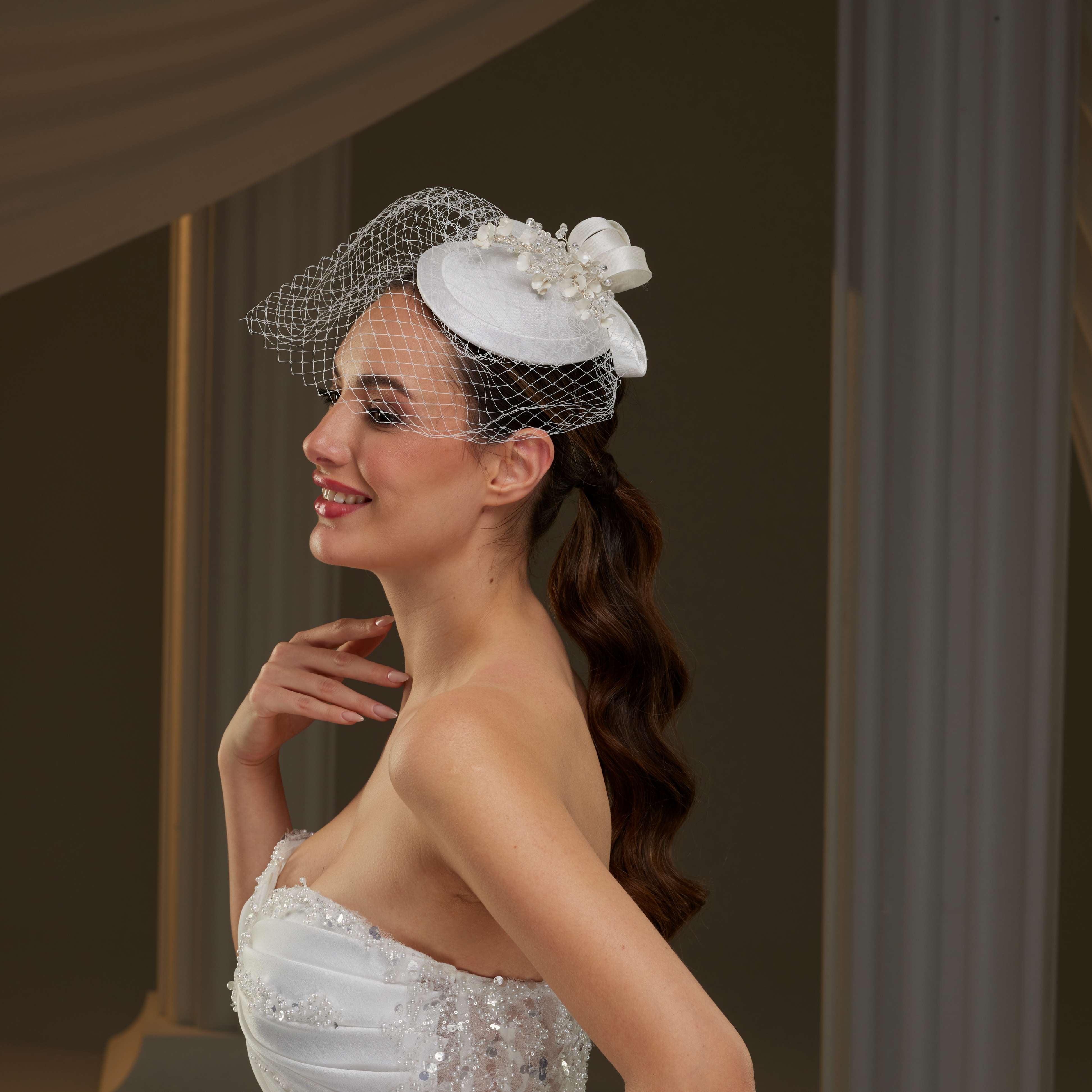 Handcrafted Bridal Fascinator with Ribbon Accents, Pearls & Birdcage Veil