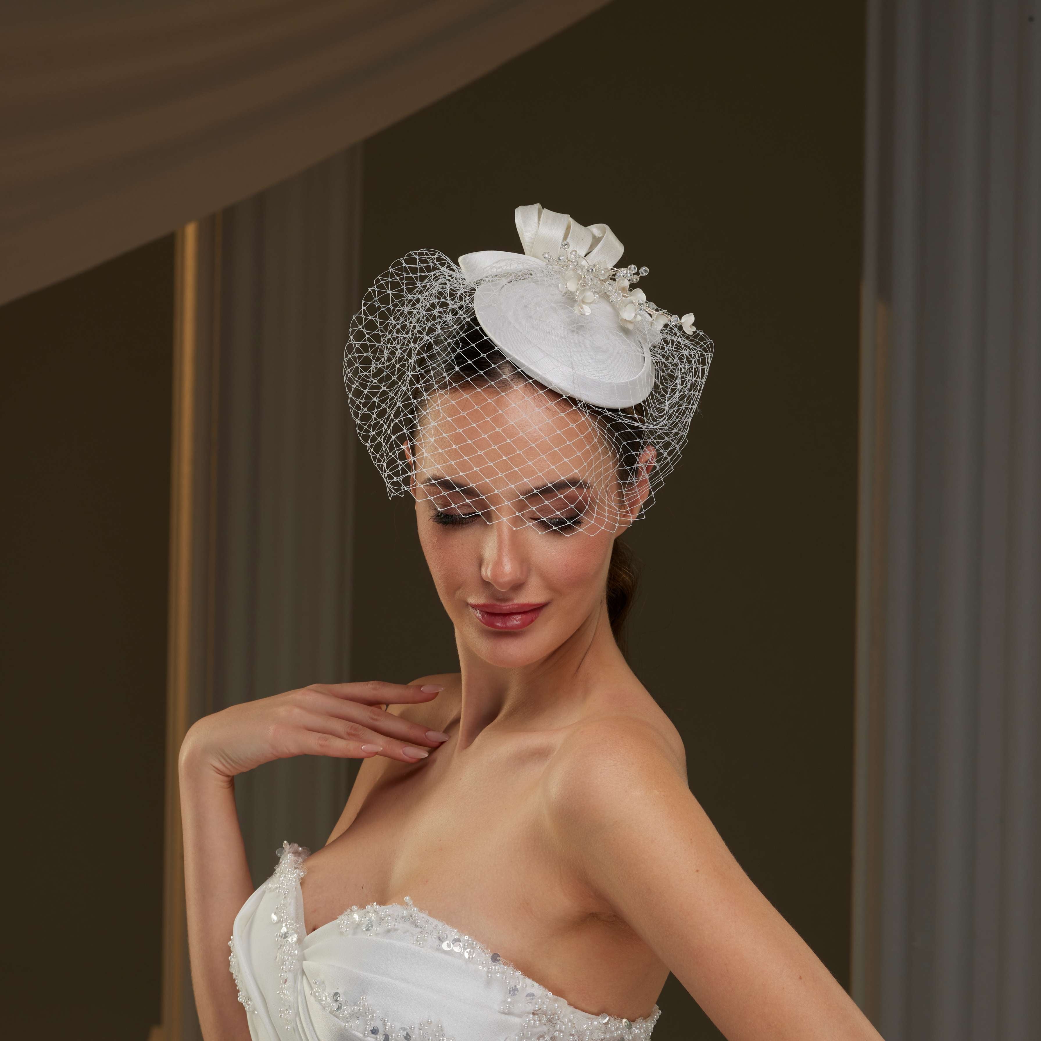 Handcrafted Bridal Fascinator with Ribbon Accents, Pearls & Birdcage Veil