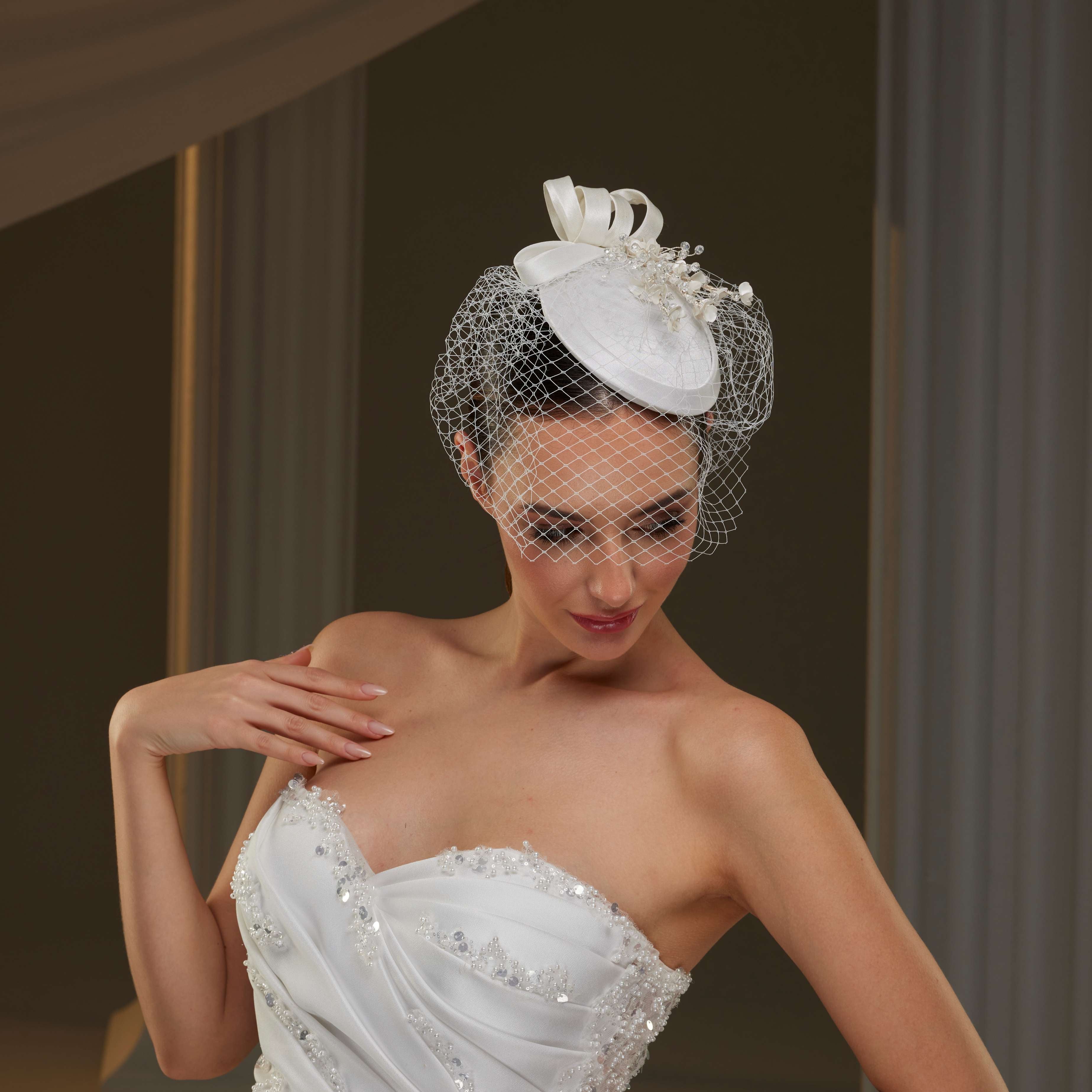 Handcrafted Bridal Fascinator with Ribbon Accents, Pearls & Birdcage Veil