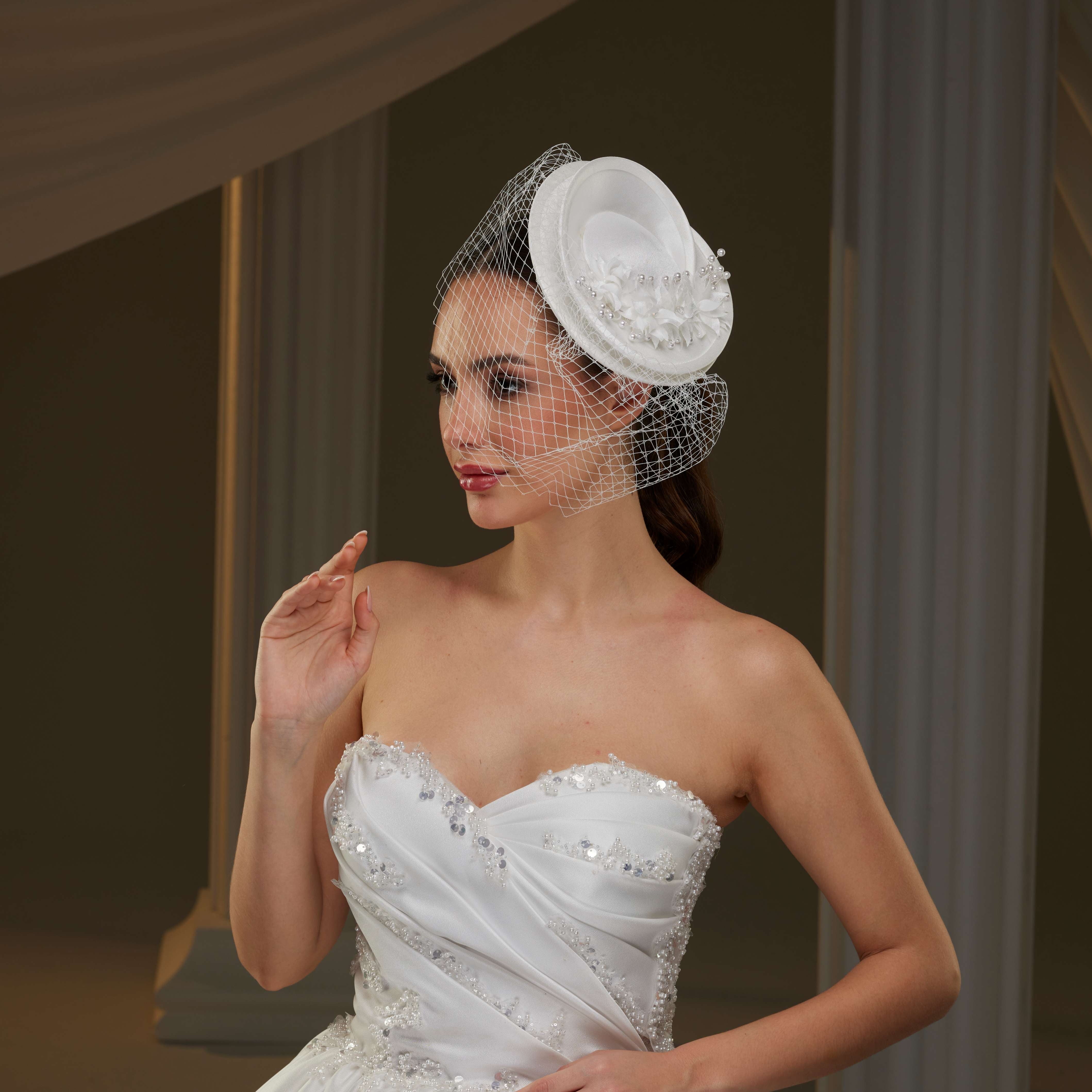 Bridal Fascinator with Floral Accents, Pearls & Birdcage Veil