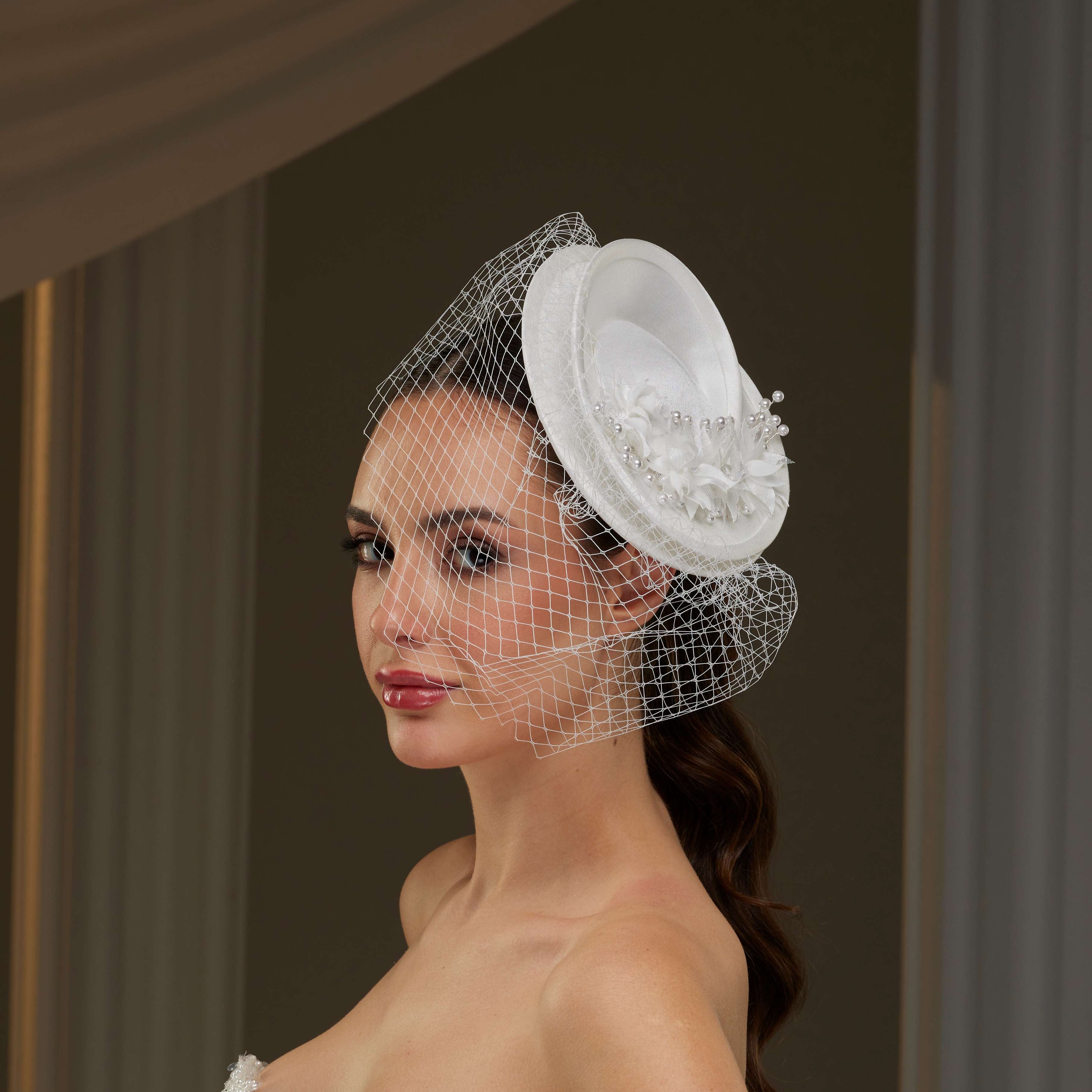 Bridal Fascinator with Floral Accents, Pearls & Birdcage Veil