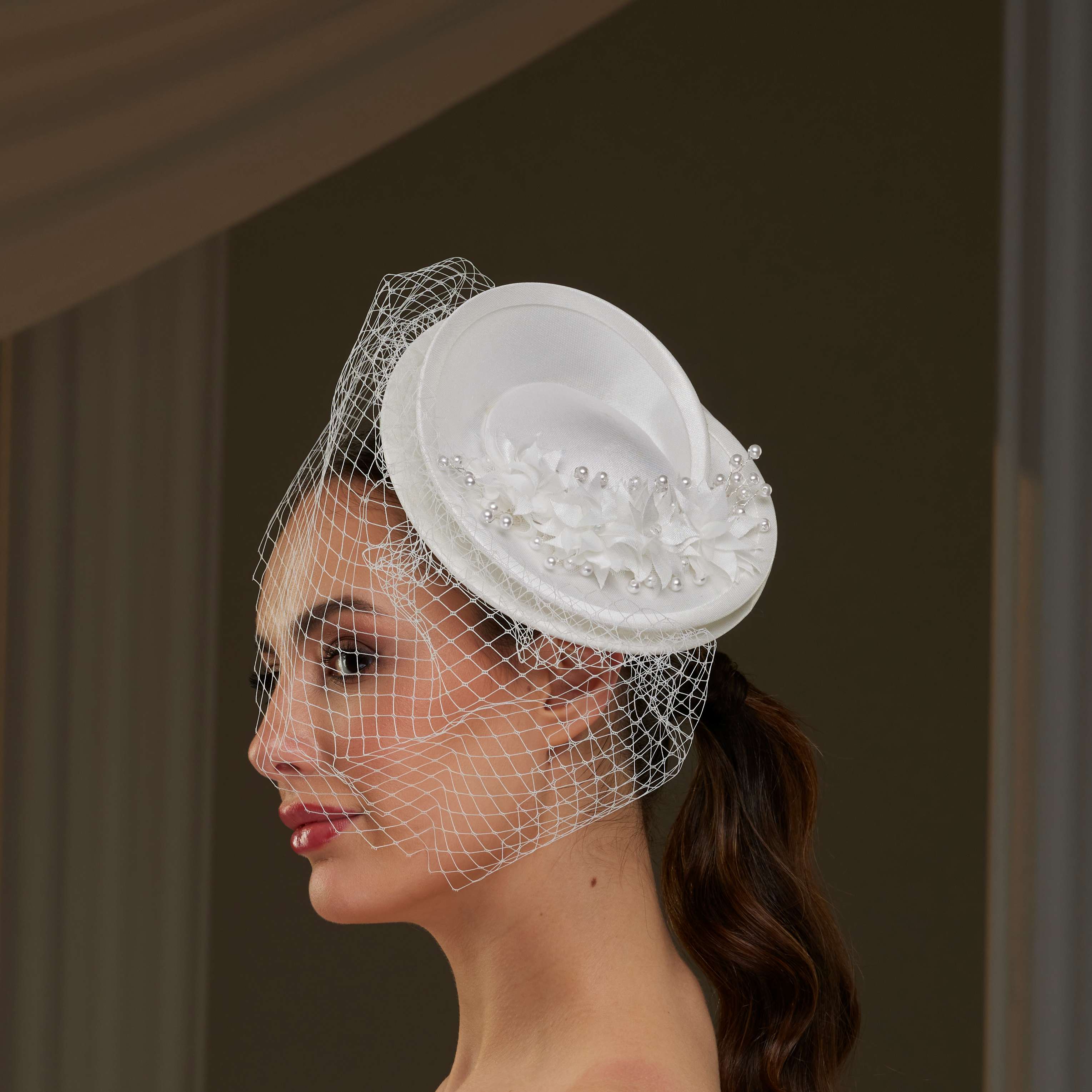 Bridal Fascinator with Floral Accents, Pearls & Birdcage Veil