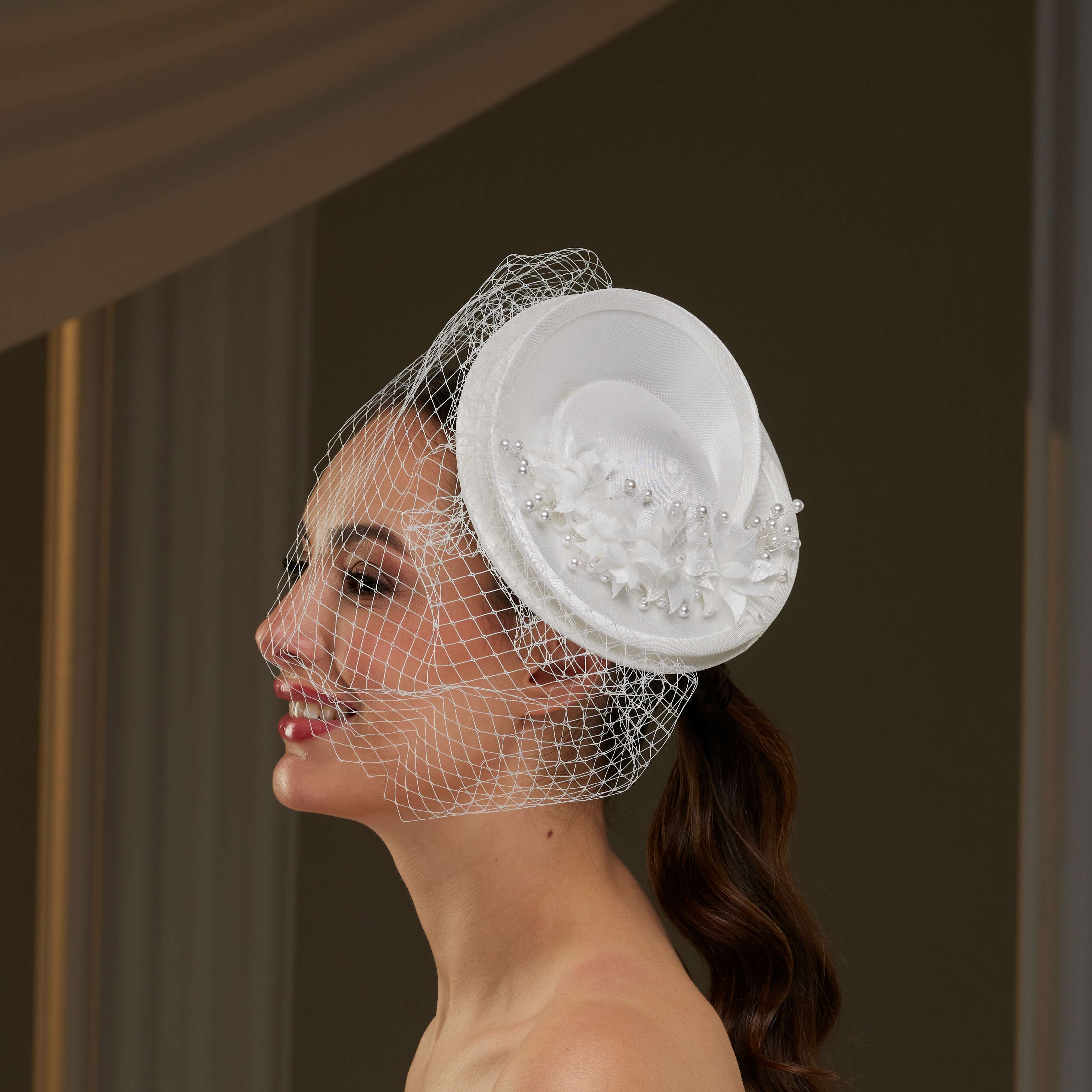 Bridal Fascinator with Floral Accents, Pearls & Birdcage Veil