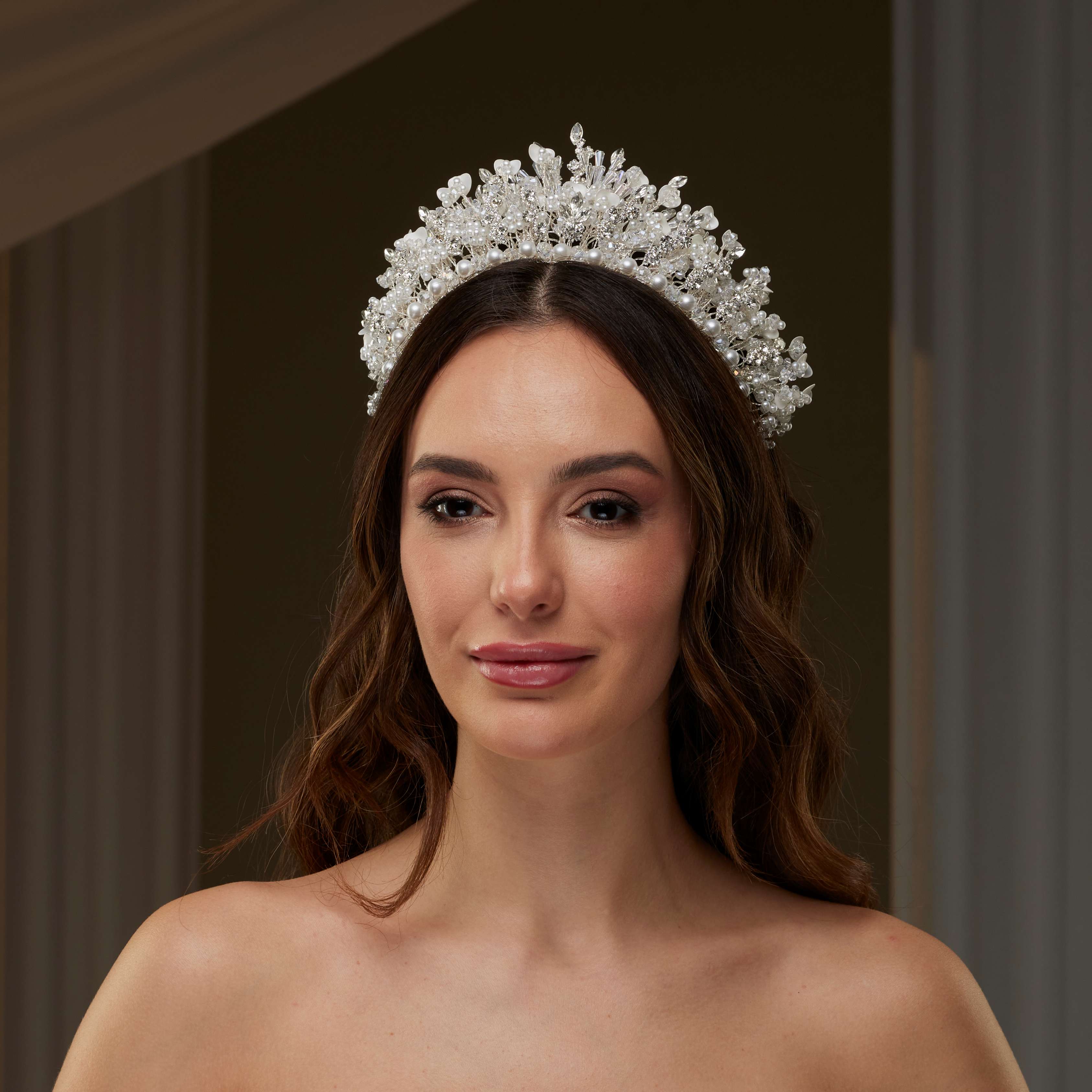 Bridal Tiara with Crystals, Rhinestones & Pearls