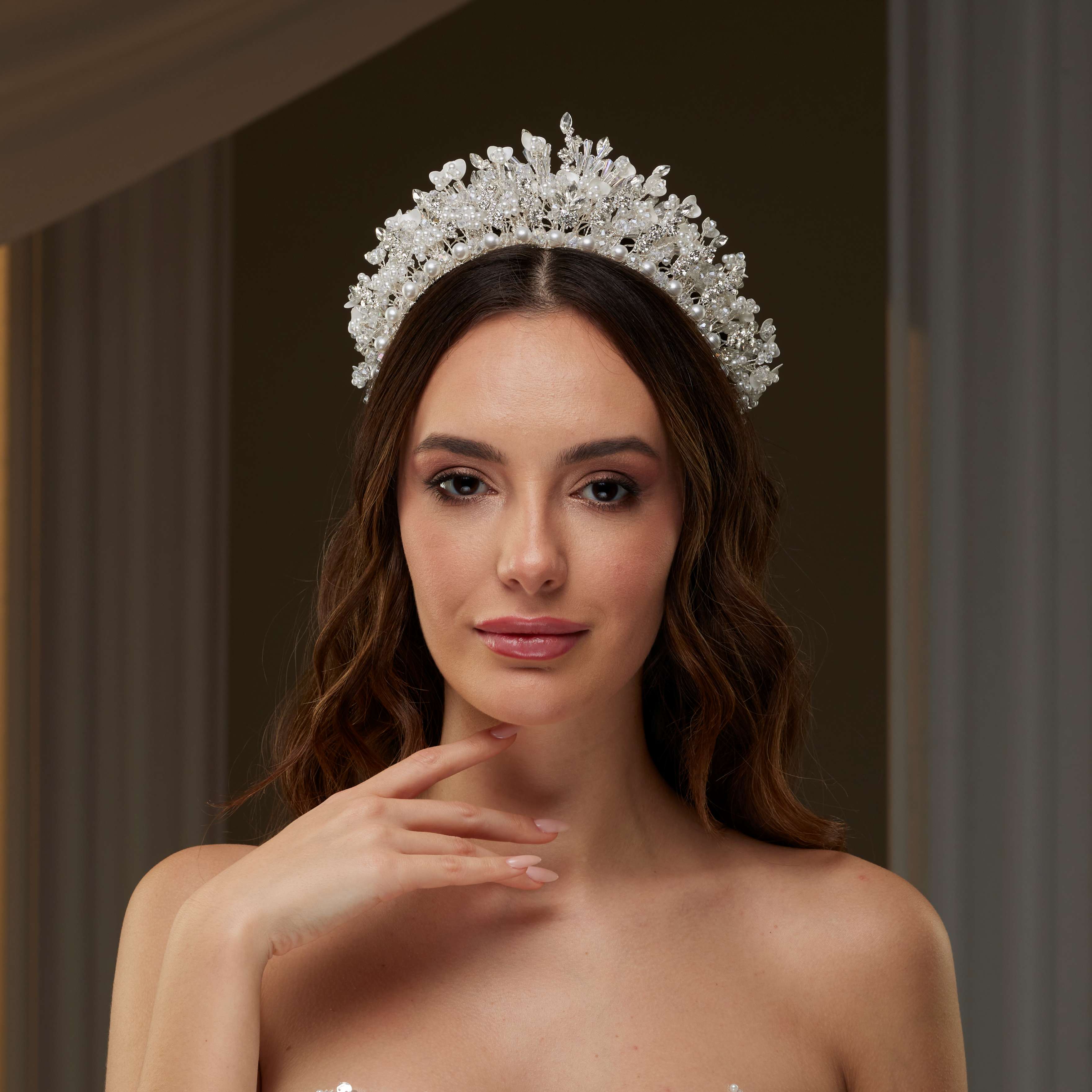 Bridal Tiara with Crystals, Rhinestones & Pearls