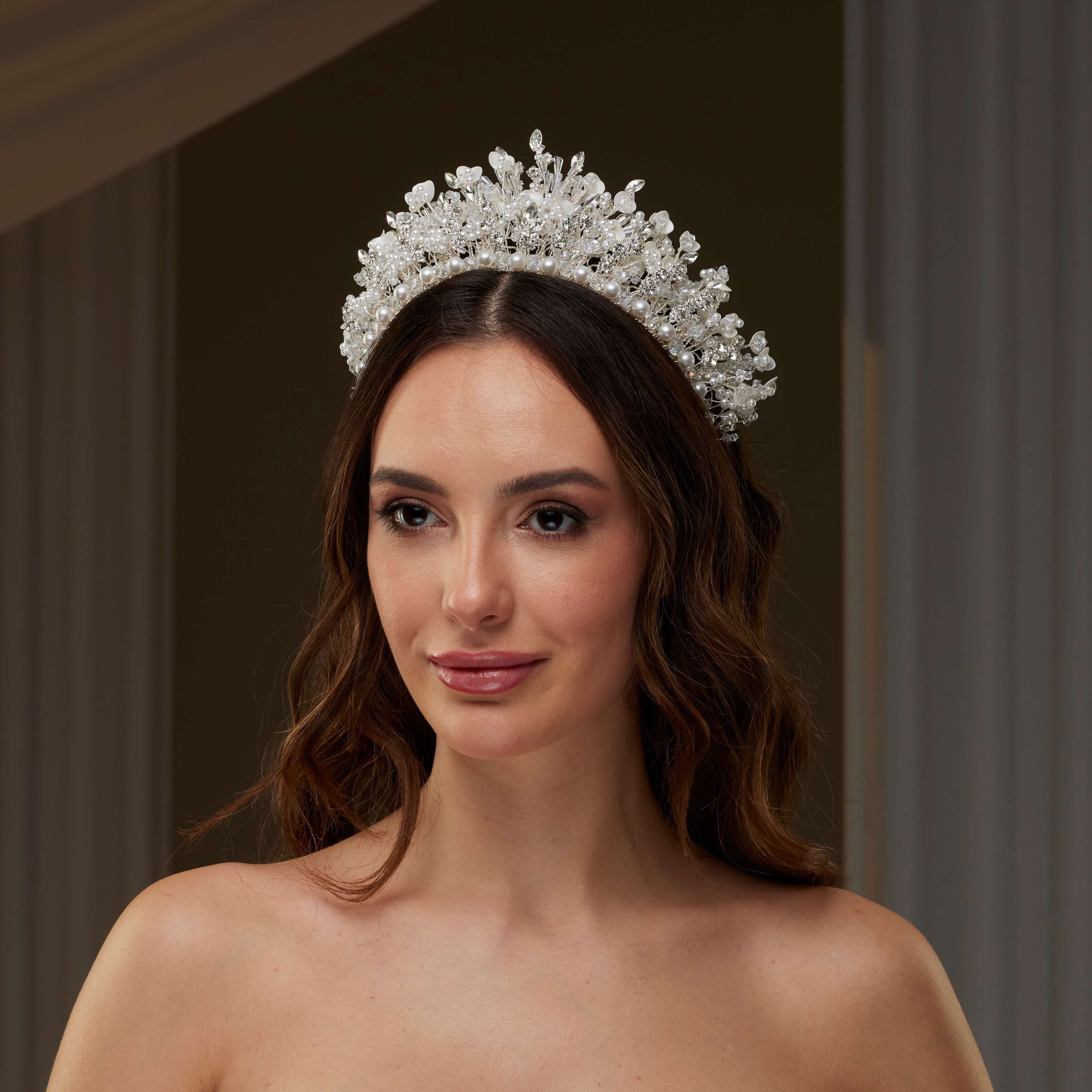 Bridal Tiara with Crystals, Rhinestones & Pearls