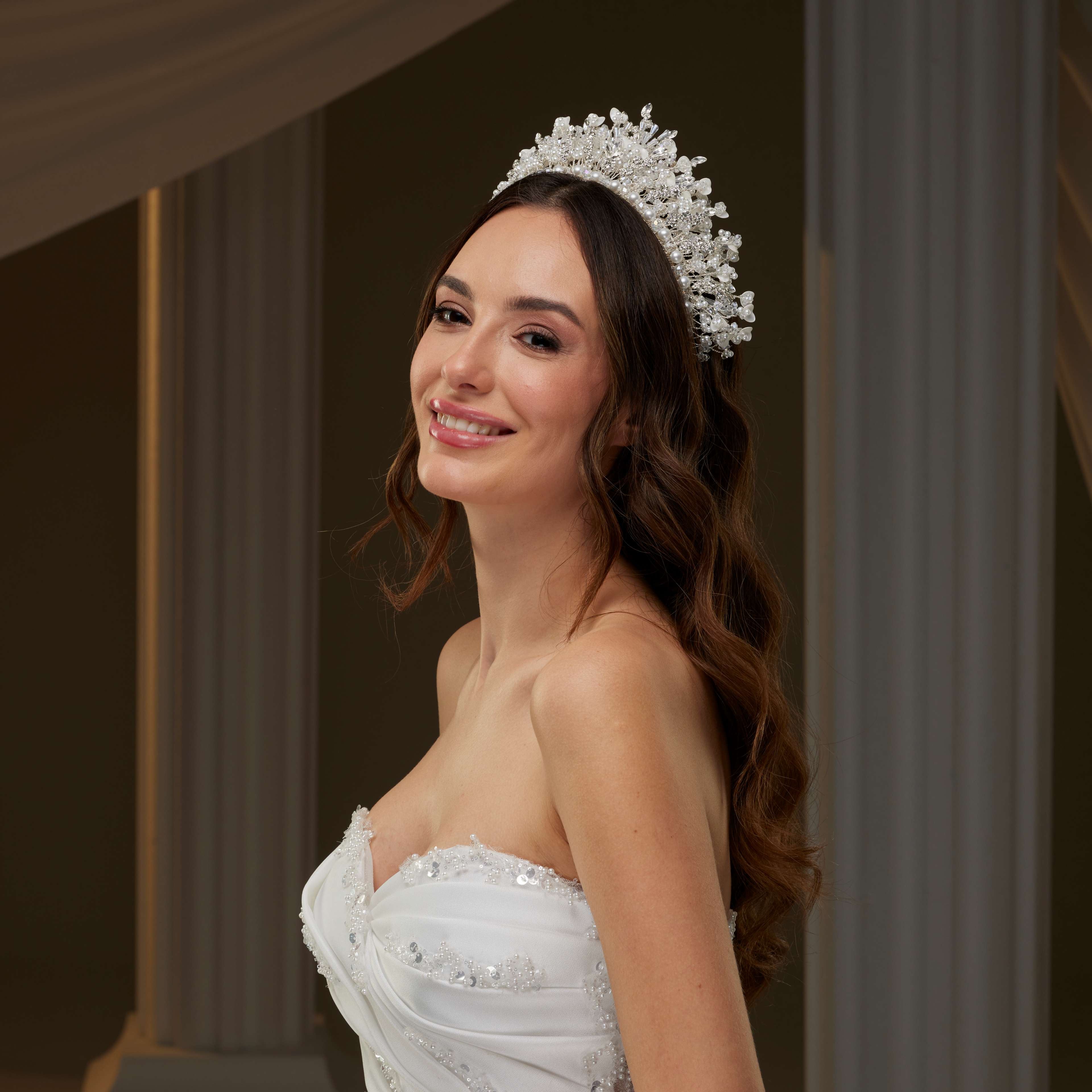 Bridal Tiara with Crystals, Rhinestones & Pearls