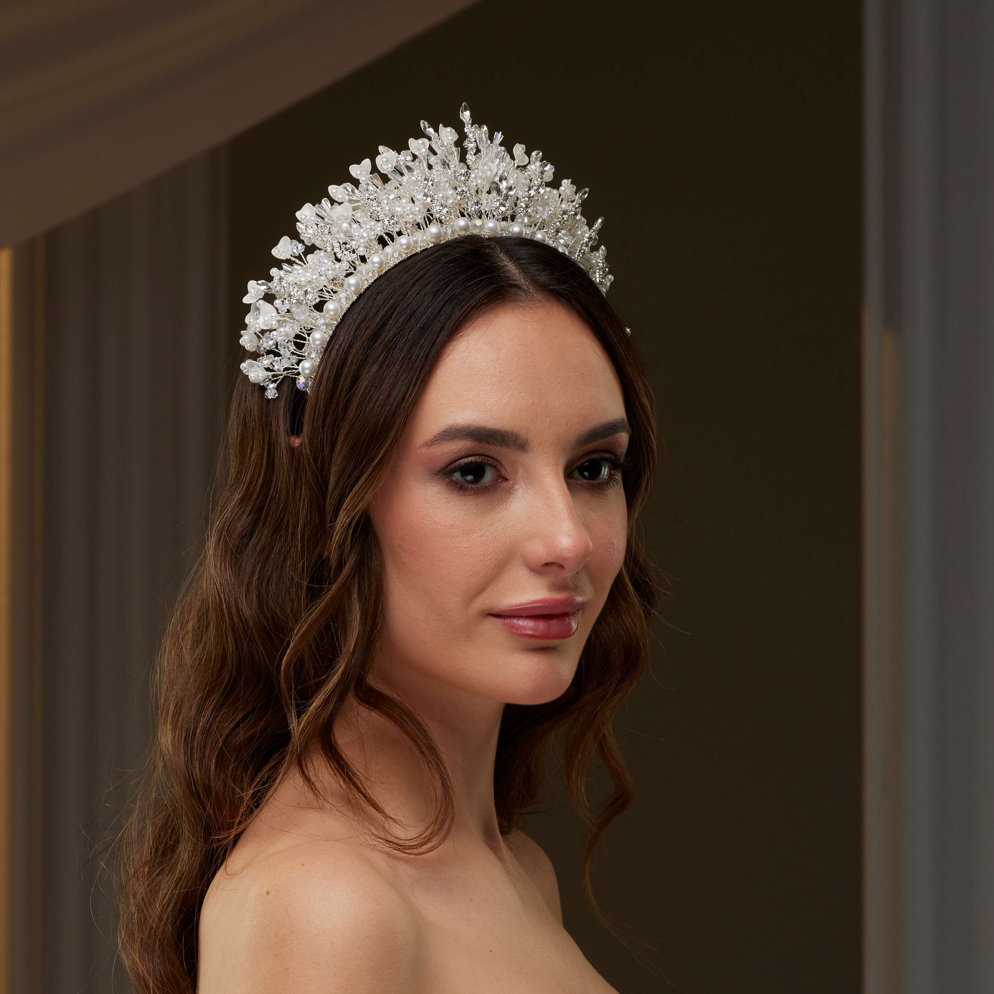 Bridal Tiara with Crystals, Rhinestones & Pearls