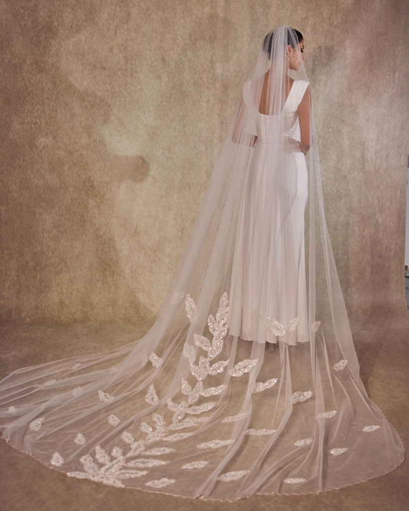 Handcrafted Cathedral-Length Bridal Veil with Intricate Beaded Leaf Design and Crystal Edges