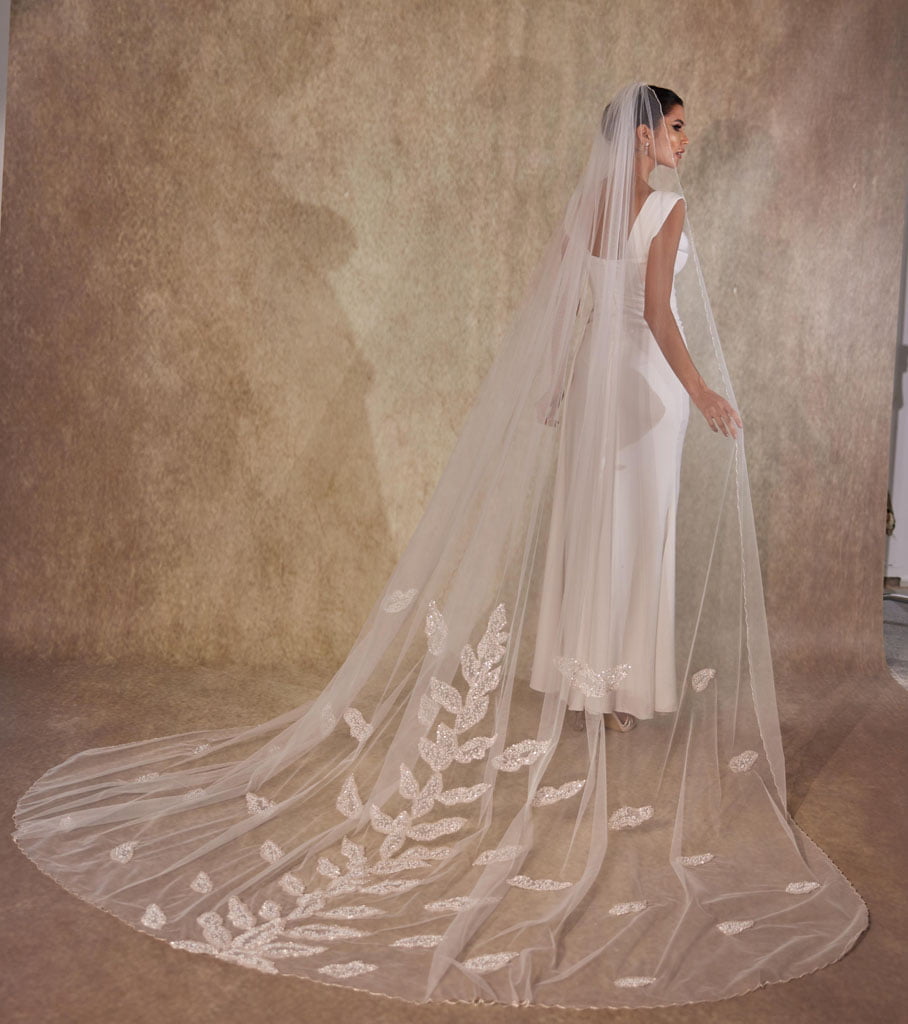 Handcrafted Cathedral-Length Bridal Veil with Intricate Beaded Leaf Design and Crystal Edges