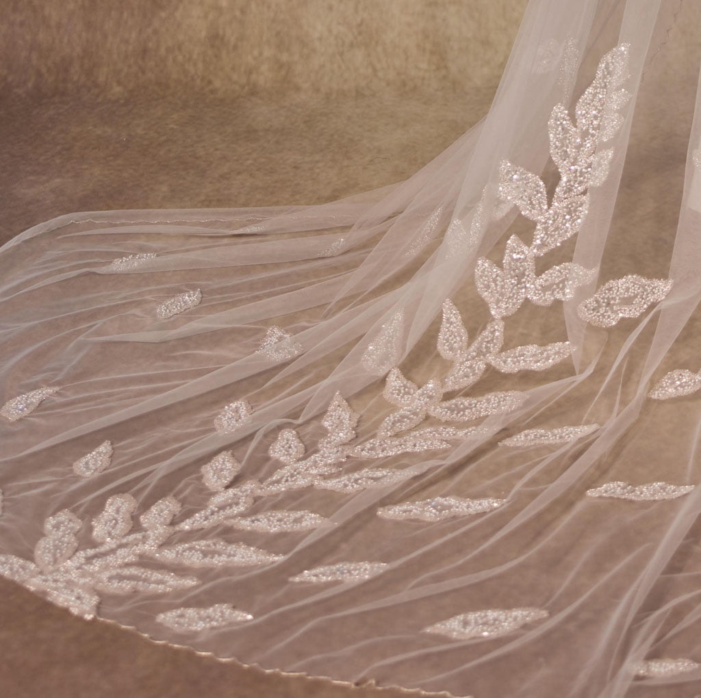 Handcrafted Cathedral-Length Bridal Veil with Intricate Beaded Leaf Design and Crystal Edges