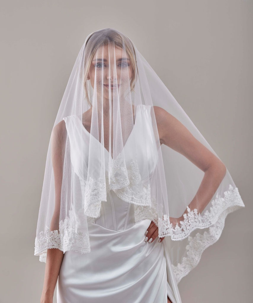 Two tier bridal veil with lace trim, Embroider veil, Wedding veil, Floral Veil, Wedding Hair Accessories-D101