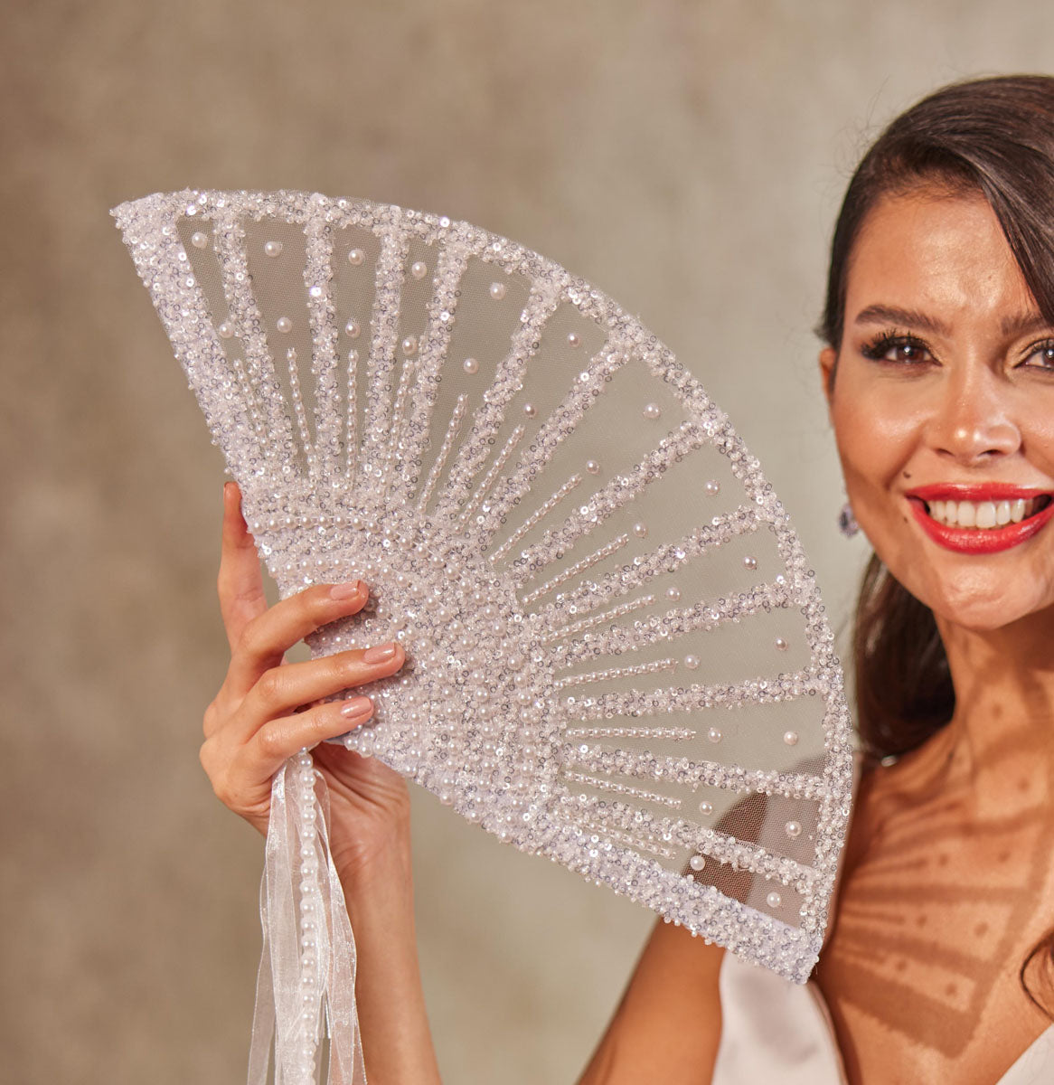 Elegant Pearl and Sequin Bridal Fan - Bridal Port