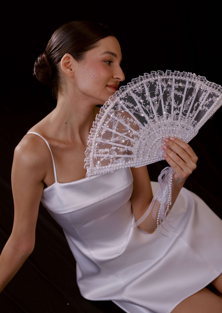 White Lace Bridal Fan, Pearl Wedding Hand Fan, Handmade Bride Accessory
