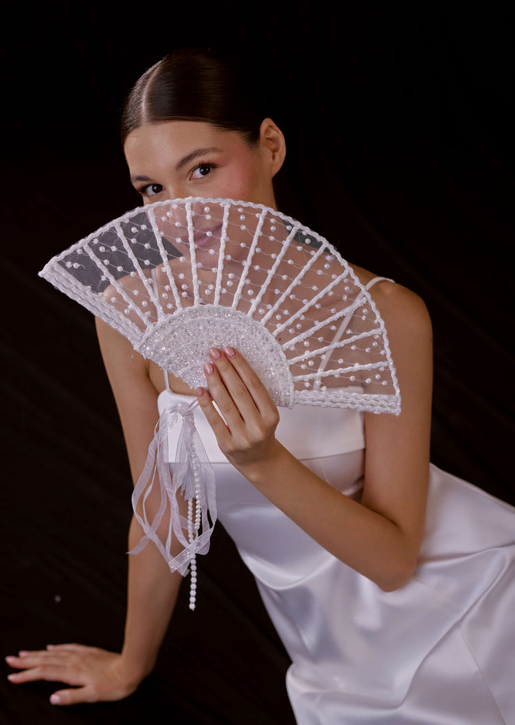 Pearl Bridal Hand Fan, White Lace Wedding Fan, Sequin Bride Accessory