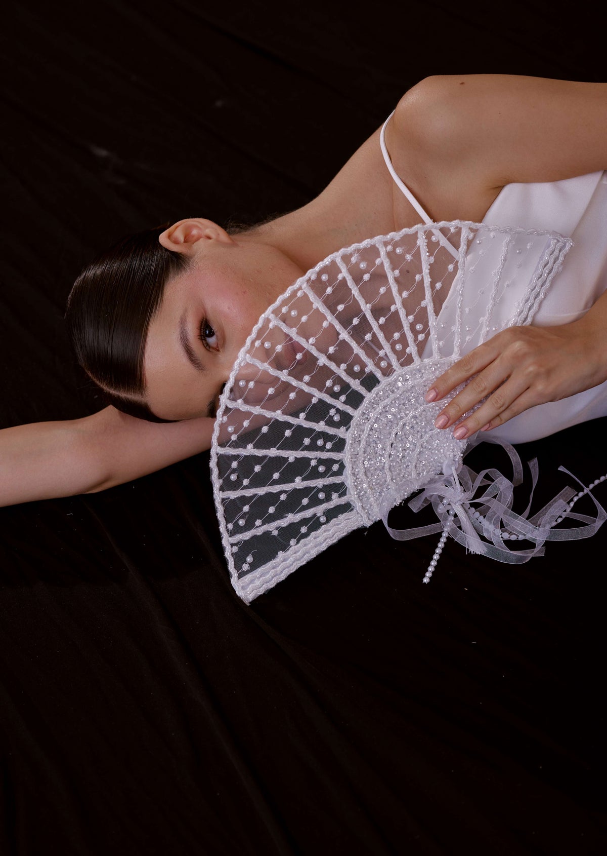 Pearl Bridal Hand Fan, White Lace Wedding Fan, Sequin Bride Accessory
