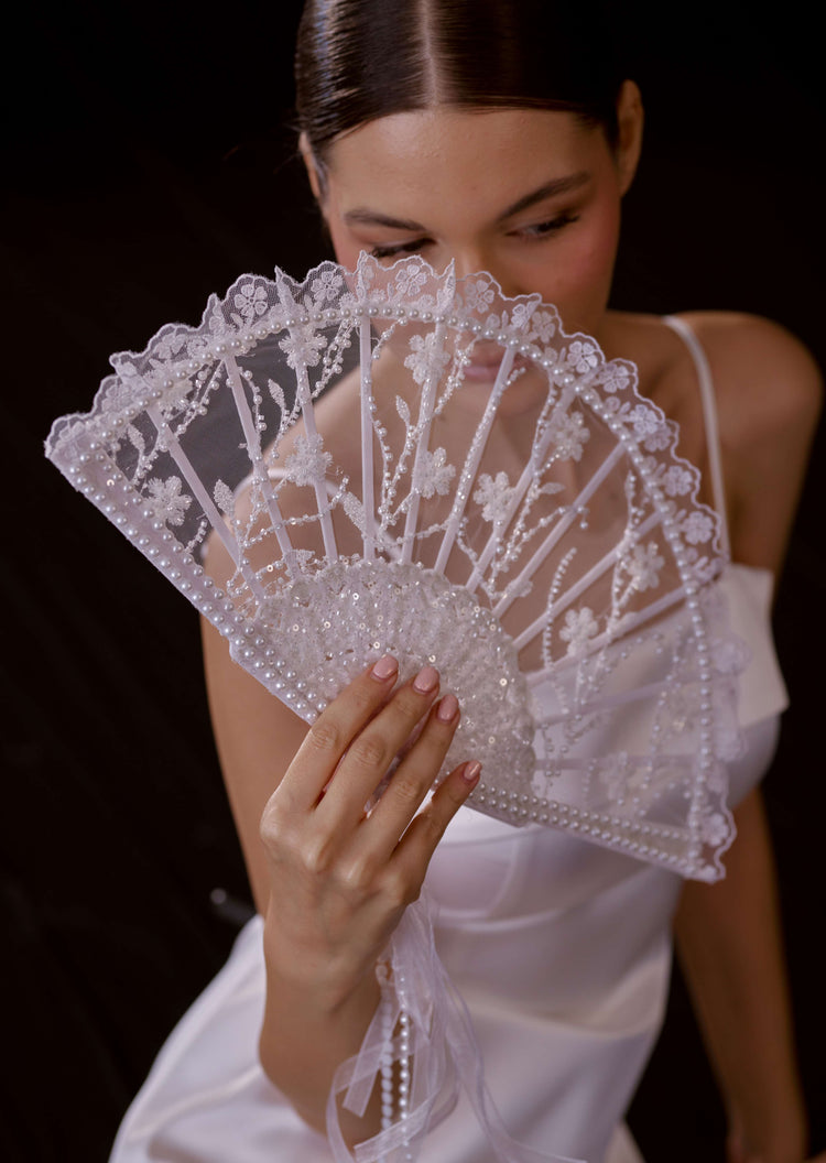 Pearl Wedding Hand Fan, Floral Embroidered Bride Accessory