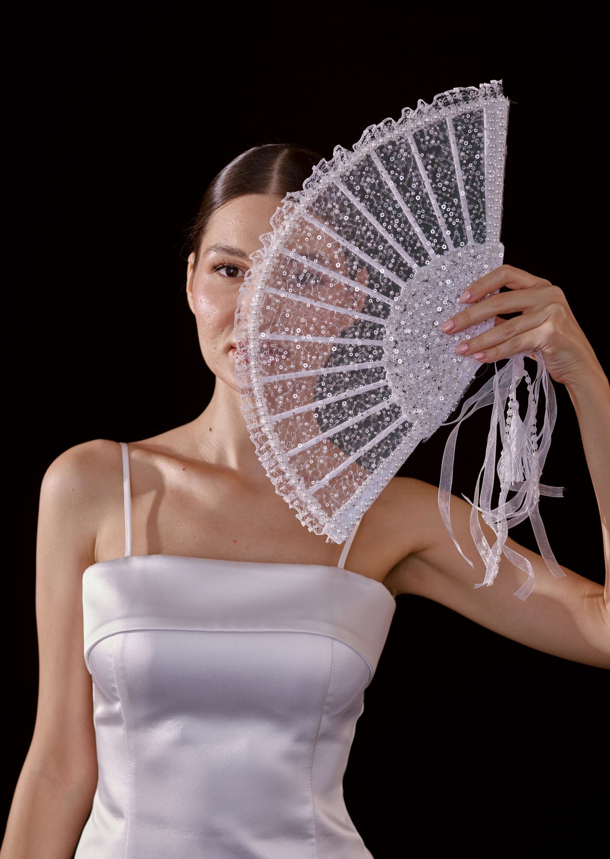 White Sequin Bridal Fan, Pearl Lace Wedding Hand Fan, Bridal Shower Gift