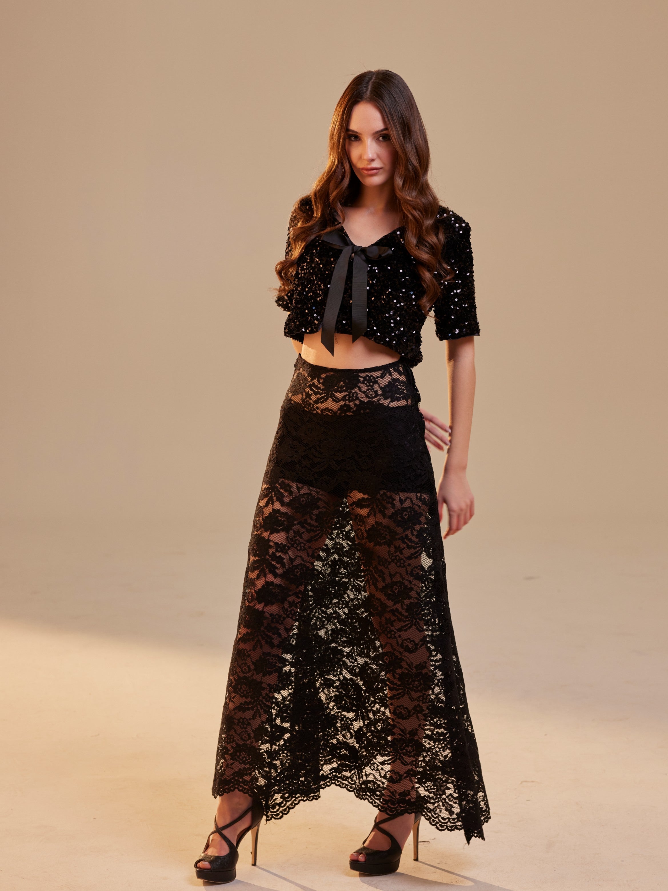 Black Lace A-Line Skirt – Long Sheer Full Skirt, Elegant Bachelorette Party Skirt, Gothic Fashion Skirt, Prom Skirt for Women