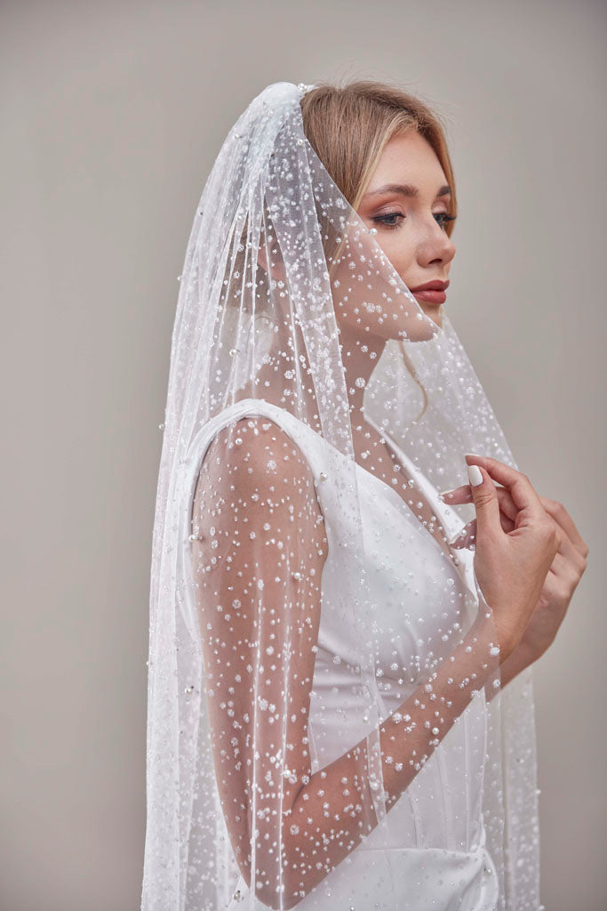 Bridal Veil, Veil with Pearls, One Layer Wedding Veil, Veil with Rhinestone, Wedding Hair Accessories-D180