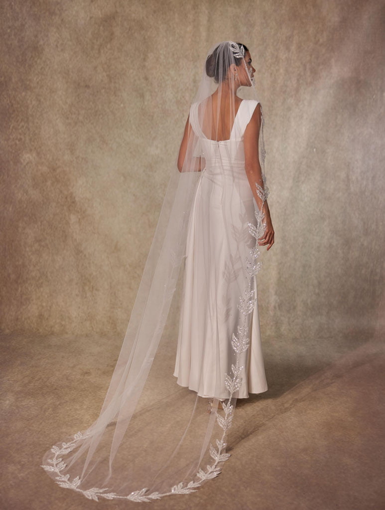 Cathedral-Length Wedding Veil with Beaded Leaf Design on the Edges