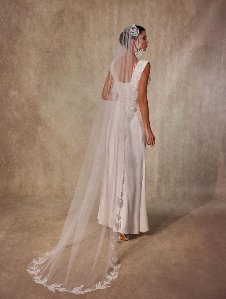 Cathedral-Length Wedding Veil with Beaded Leaf Design on the Edges